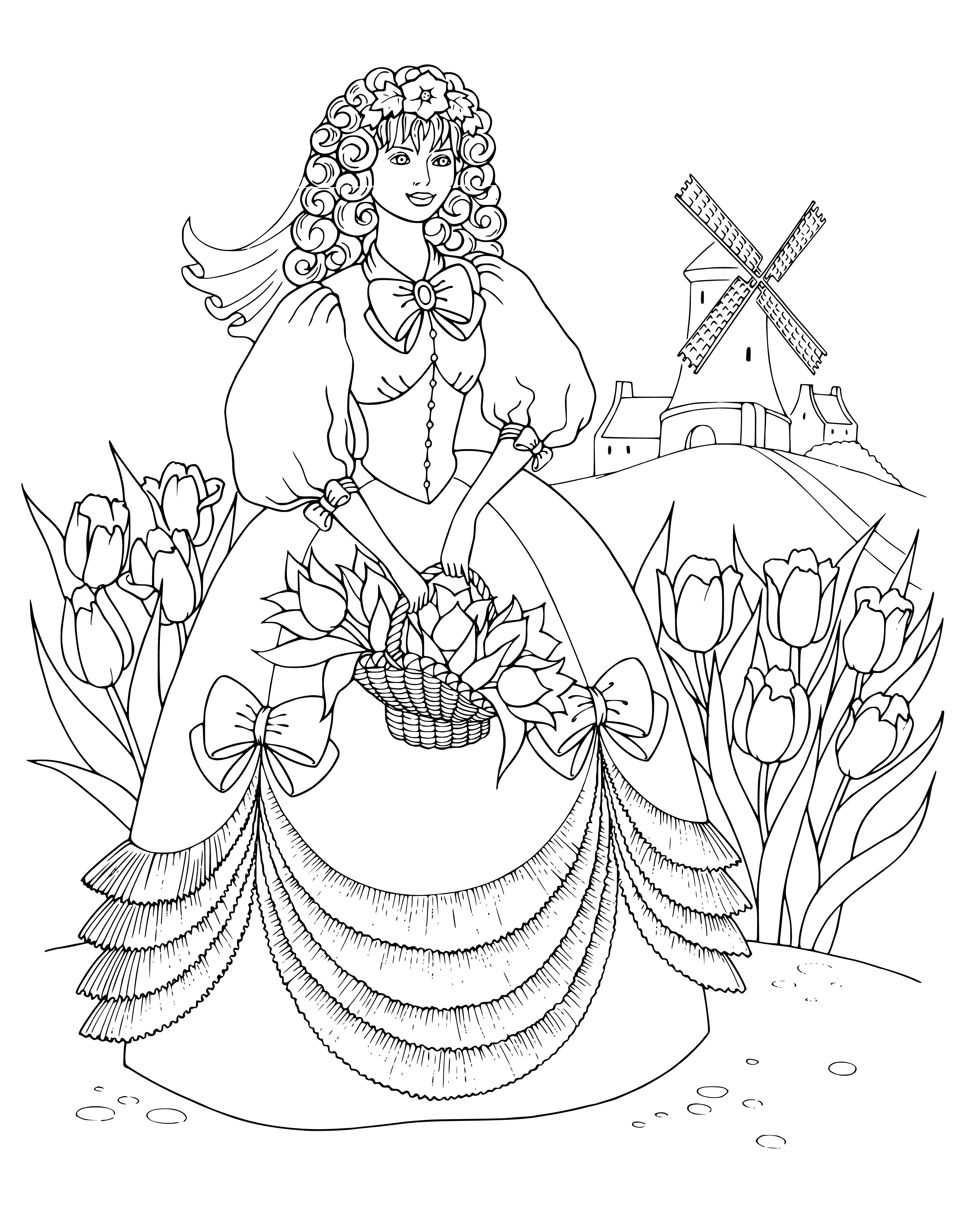 coloring page: Young woman in pink dress smiling, standing in front of large water wheel. #coloringpage