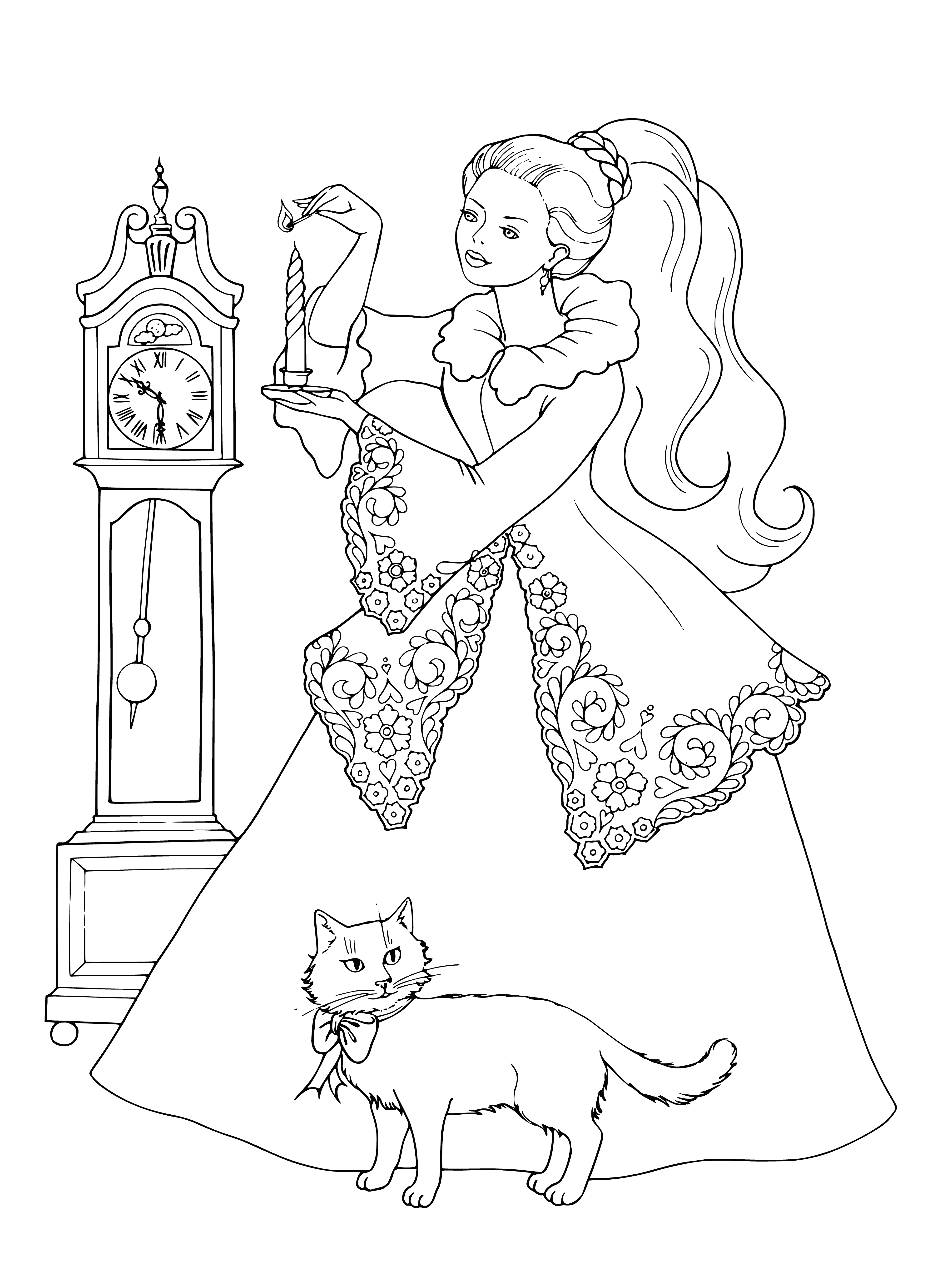 coloring page: Princess in pink dress & blue scarf, holding pink balloon & wearing golden crown, stands next to gray cat.