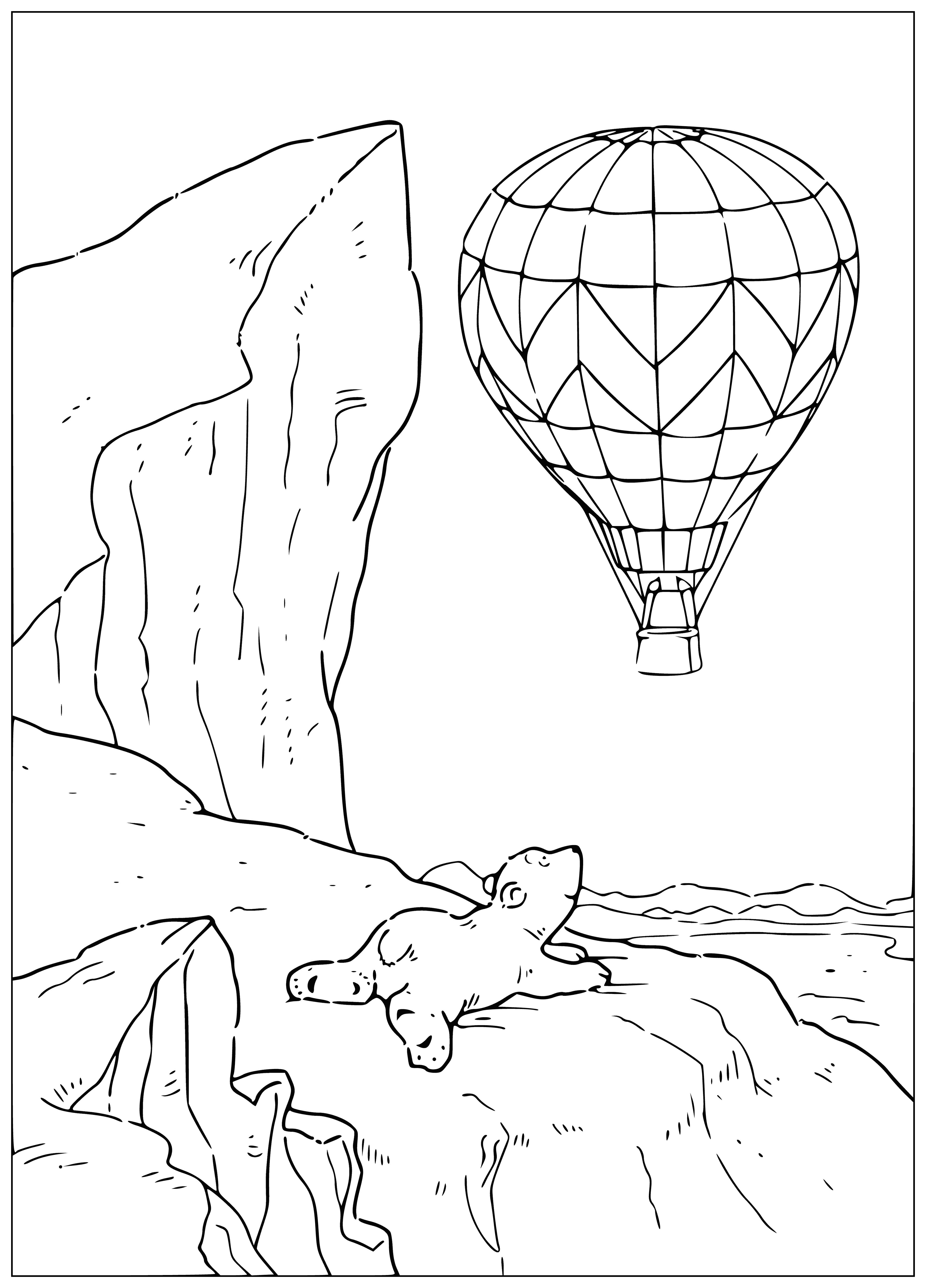 coloring page: A little polar bear holds a red balloon, happy on a piece of ice, in a coloring page.