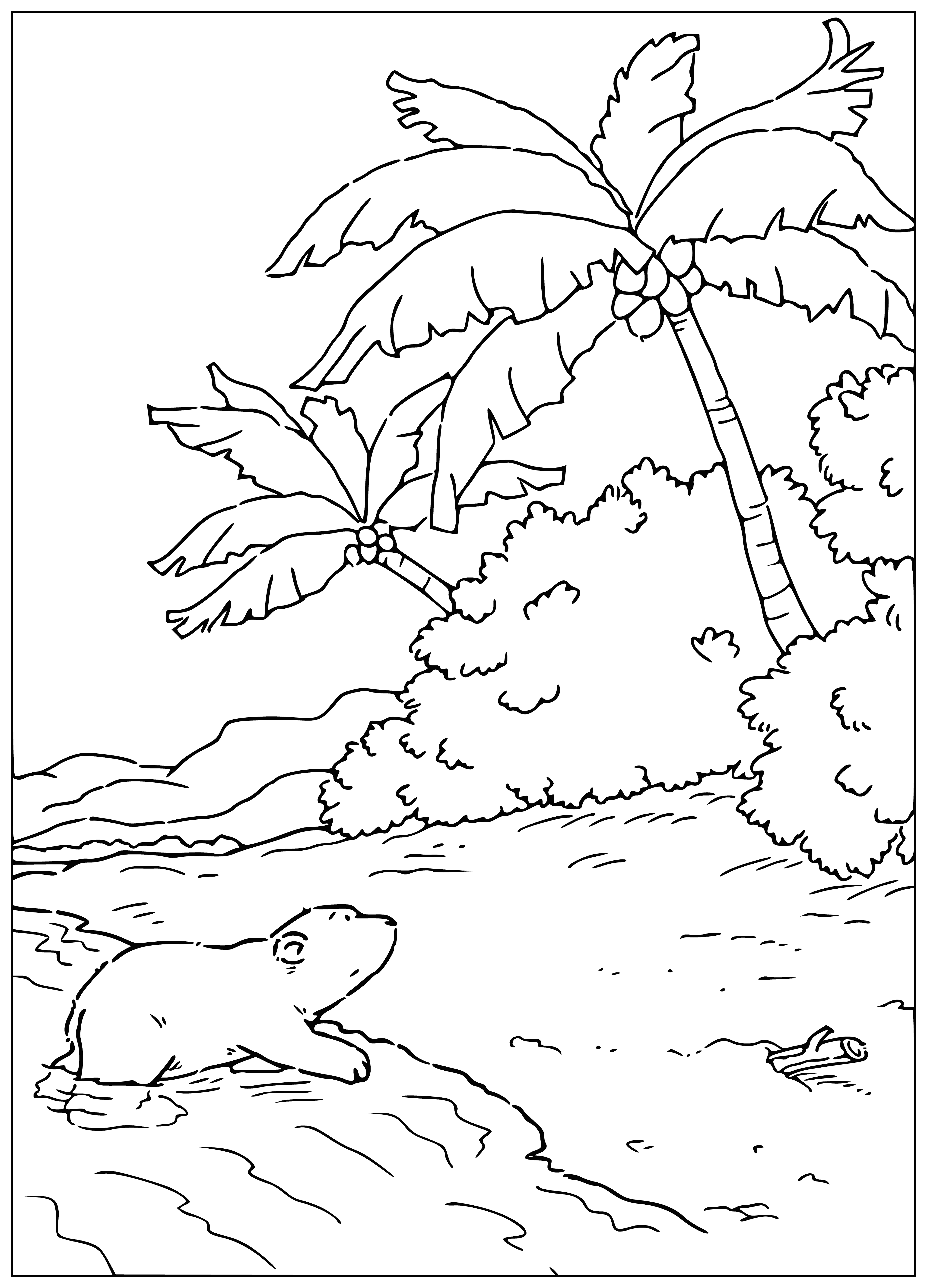coloring page: Little polar bear sailing on blue sailboat in bright sky. Wearing blue life jacket and striped hat. #dreamvacation