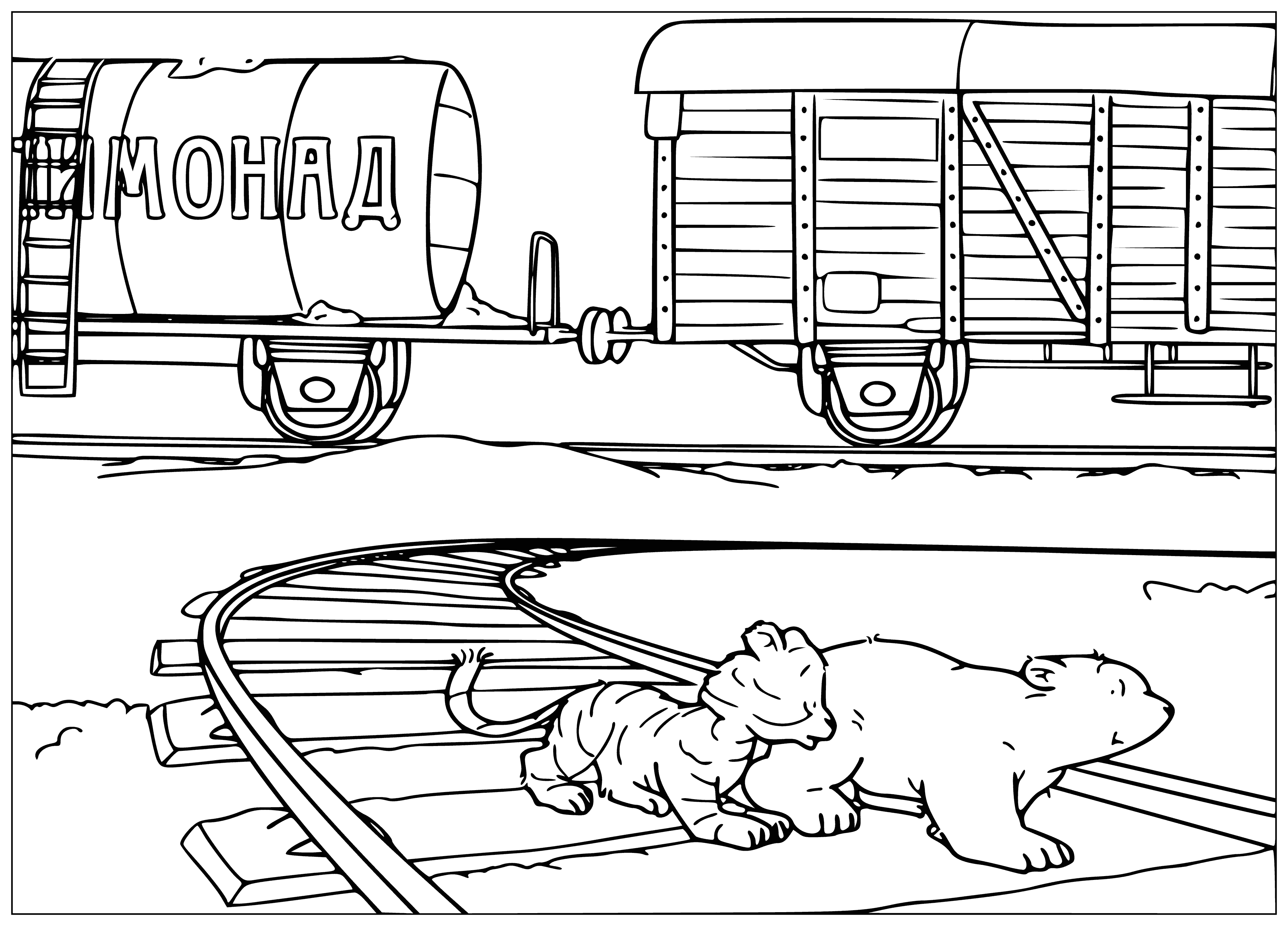 coloring page: Two cubs, a polar bear and tiger, cuddle a teddy bear with a green ribbon around its neck.