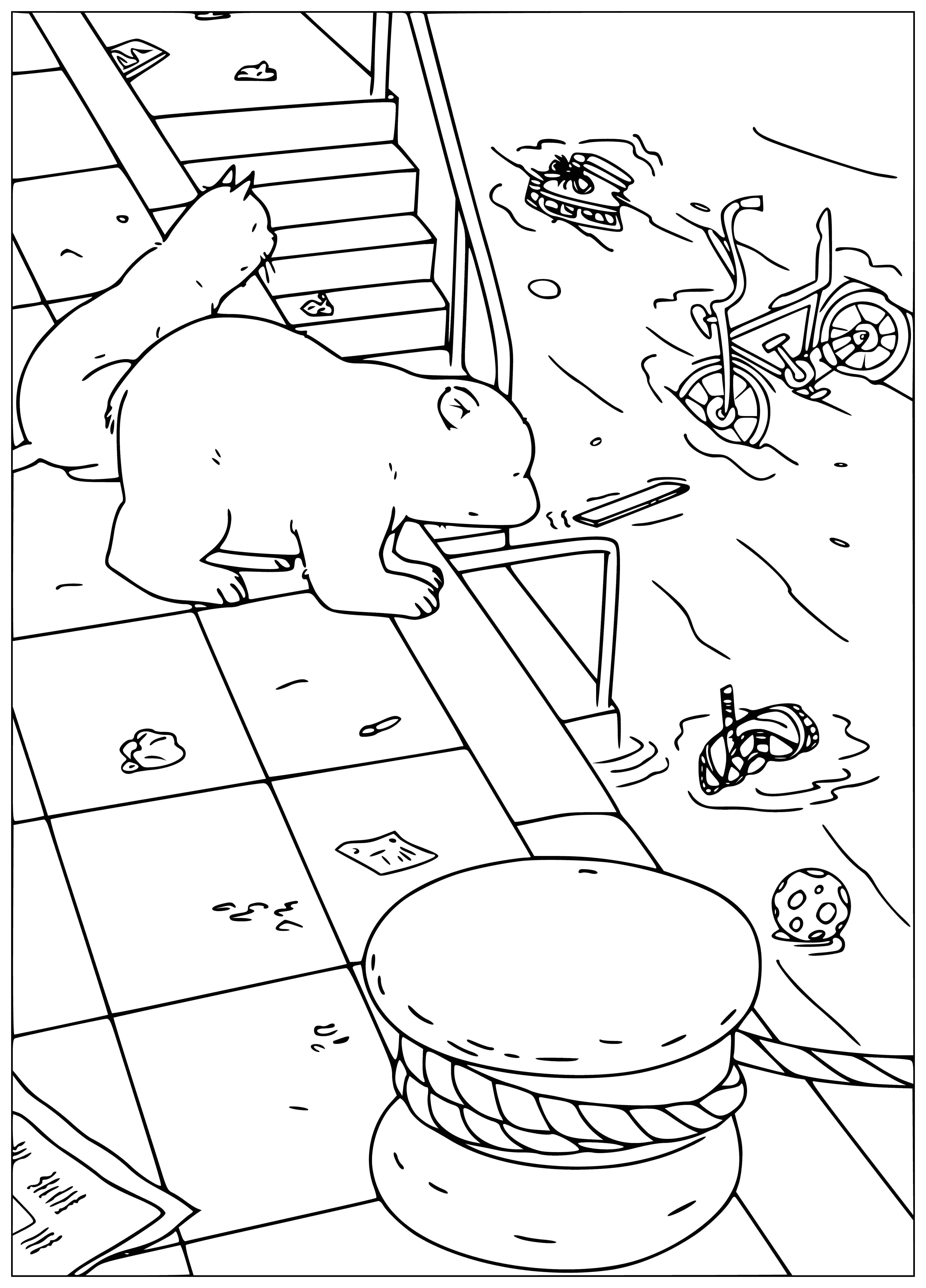 coloring page: Lars is a curious polar bear who loves to explore. He ventures to the city, where he admires all the sights and takes a bus ride!