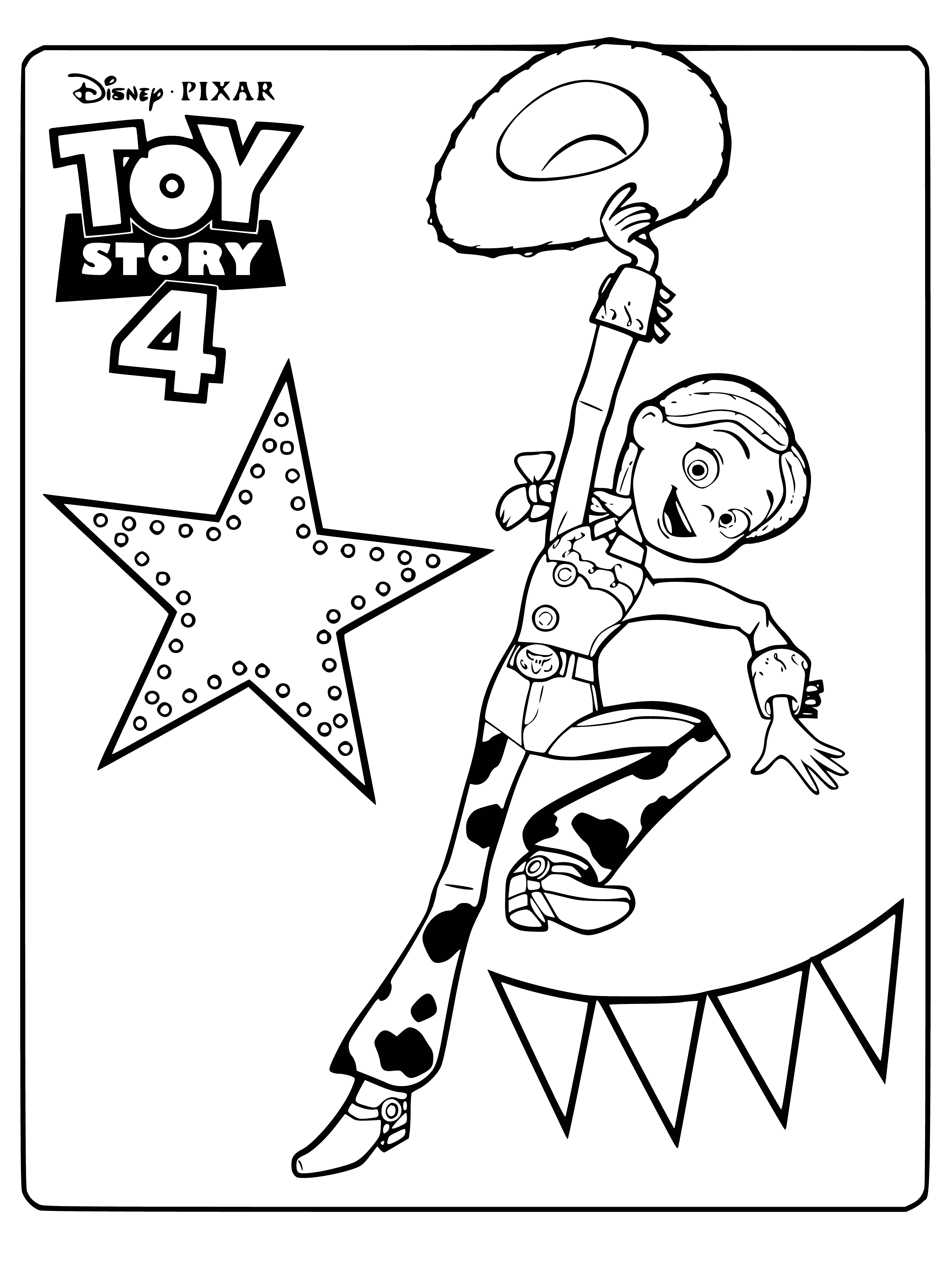 coloring page: Toy cowgirl Jessie has yellow hair, blue/white shirt, brown hat, holding a lasso - featured in coloring page.