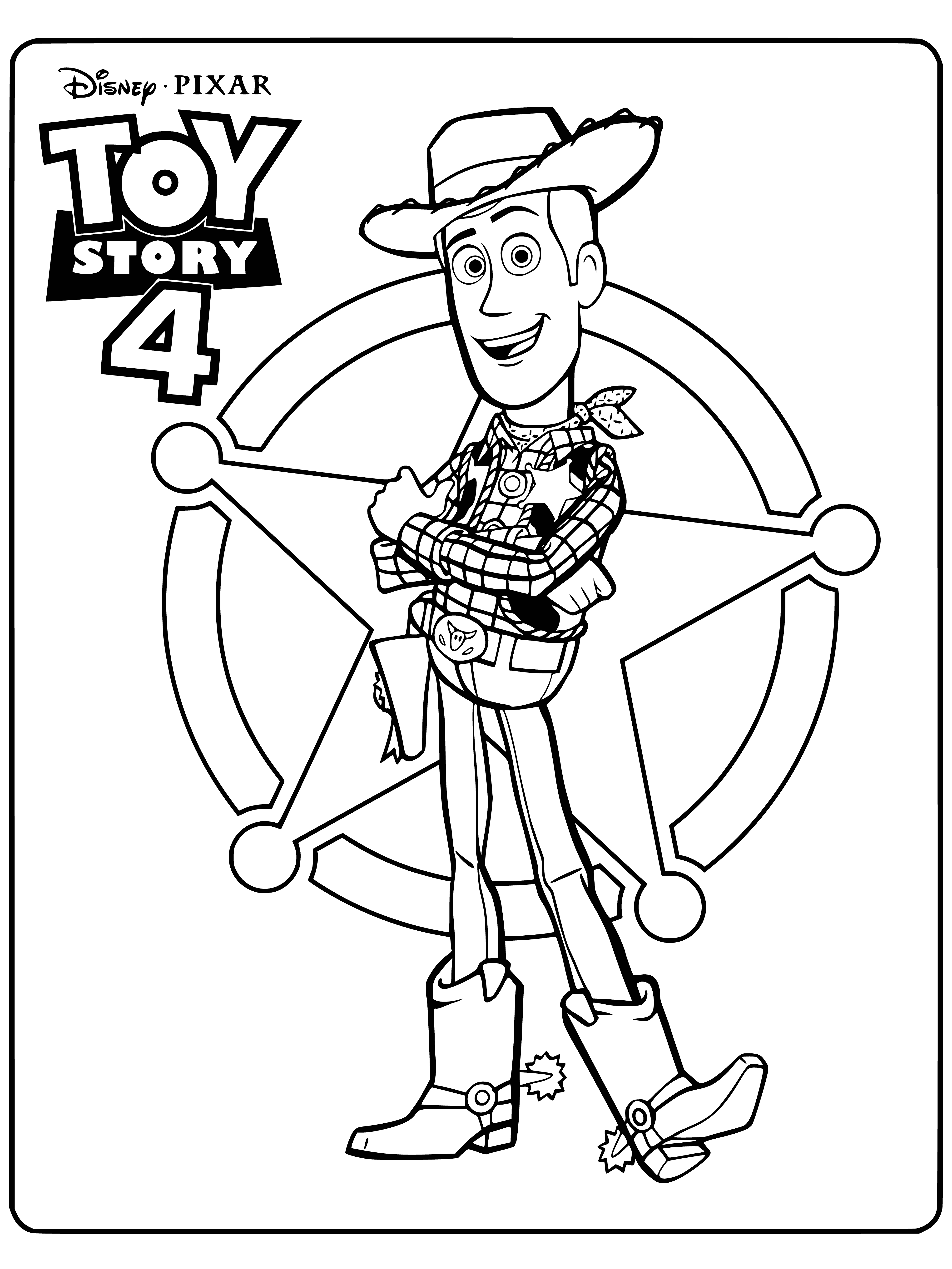coloring page: Three toy cowboys & horses on a grassy field w/ trees. Cowboy wears yellow bandana, green hat and holds rope. Horses rearing up & head down.