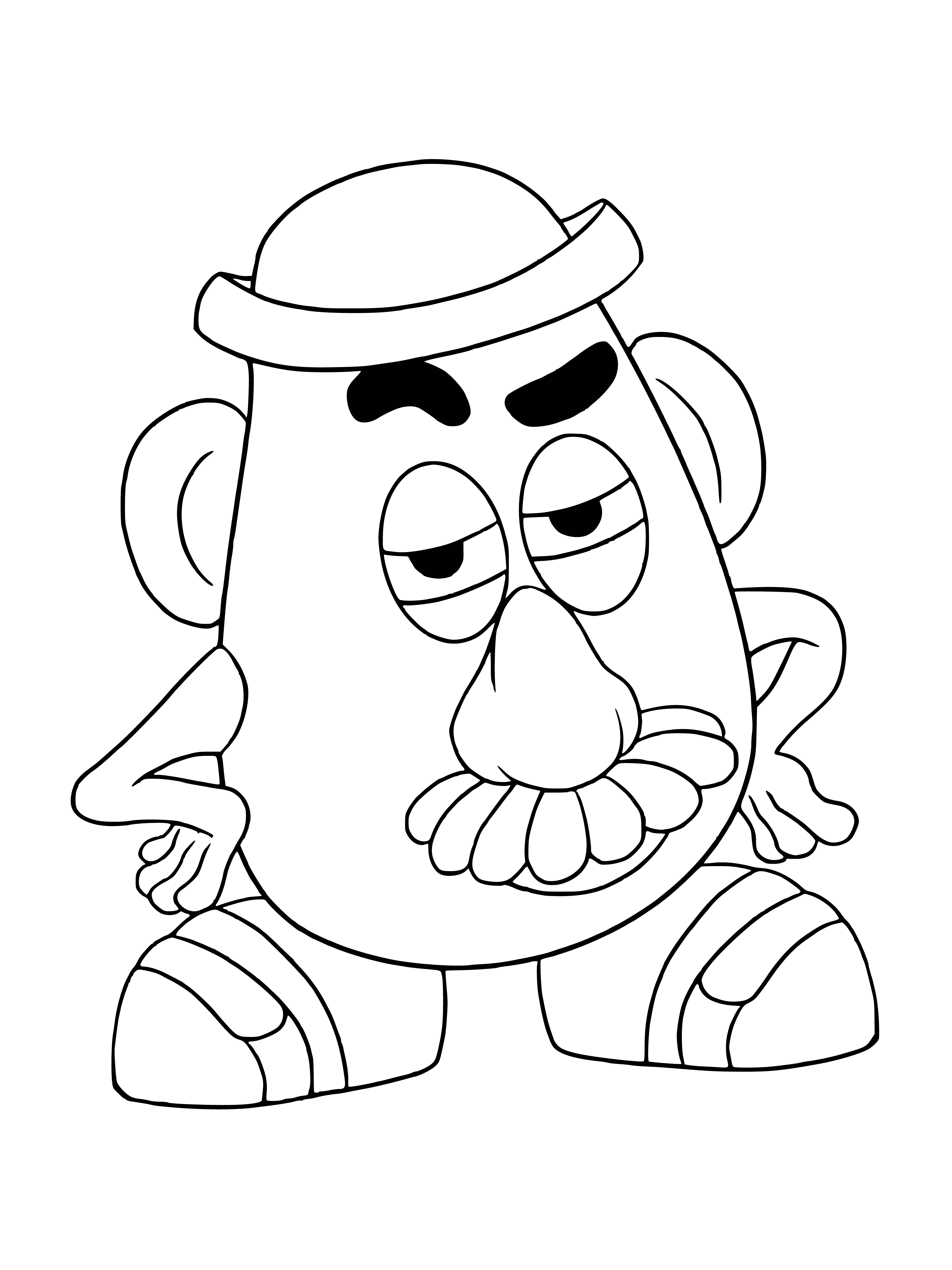 coloring page: Classic Mr Potato Head toy with removable parts - eyes, nose, mouth, ears, hat, shoes - in a variety of colors. #ChildhoodMemories