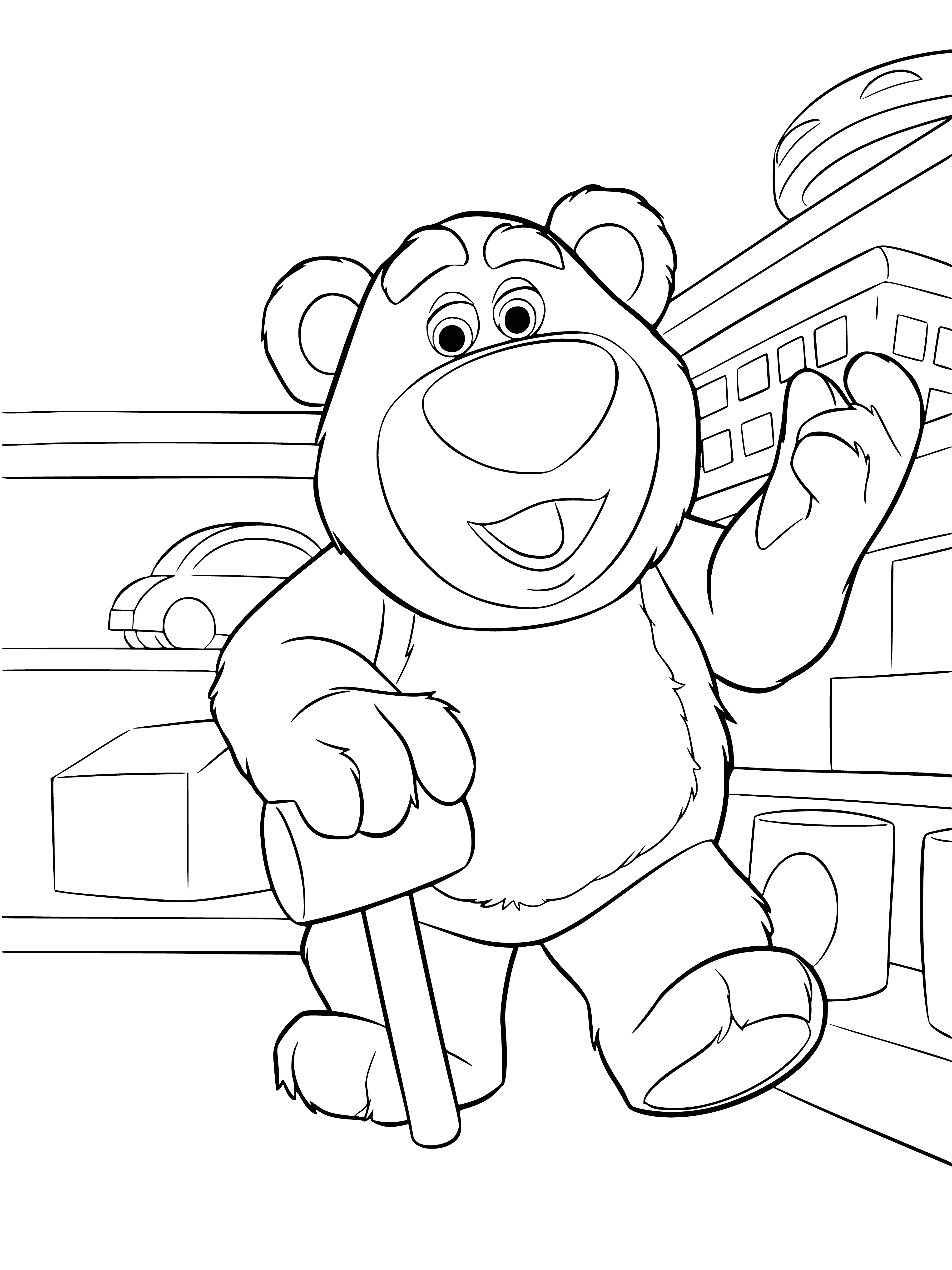 coloring page: A big pink teddy bear with a huge grin and outstretched arms, squatted and covered in matted fur.