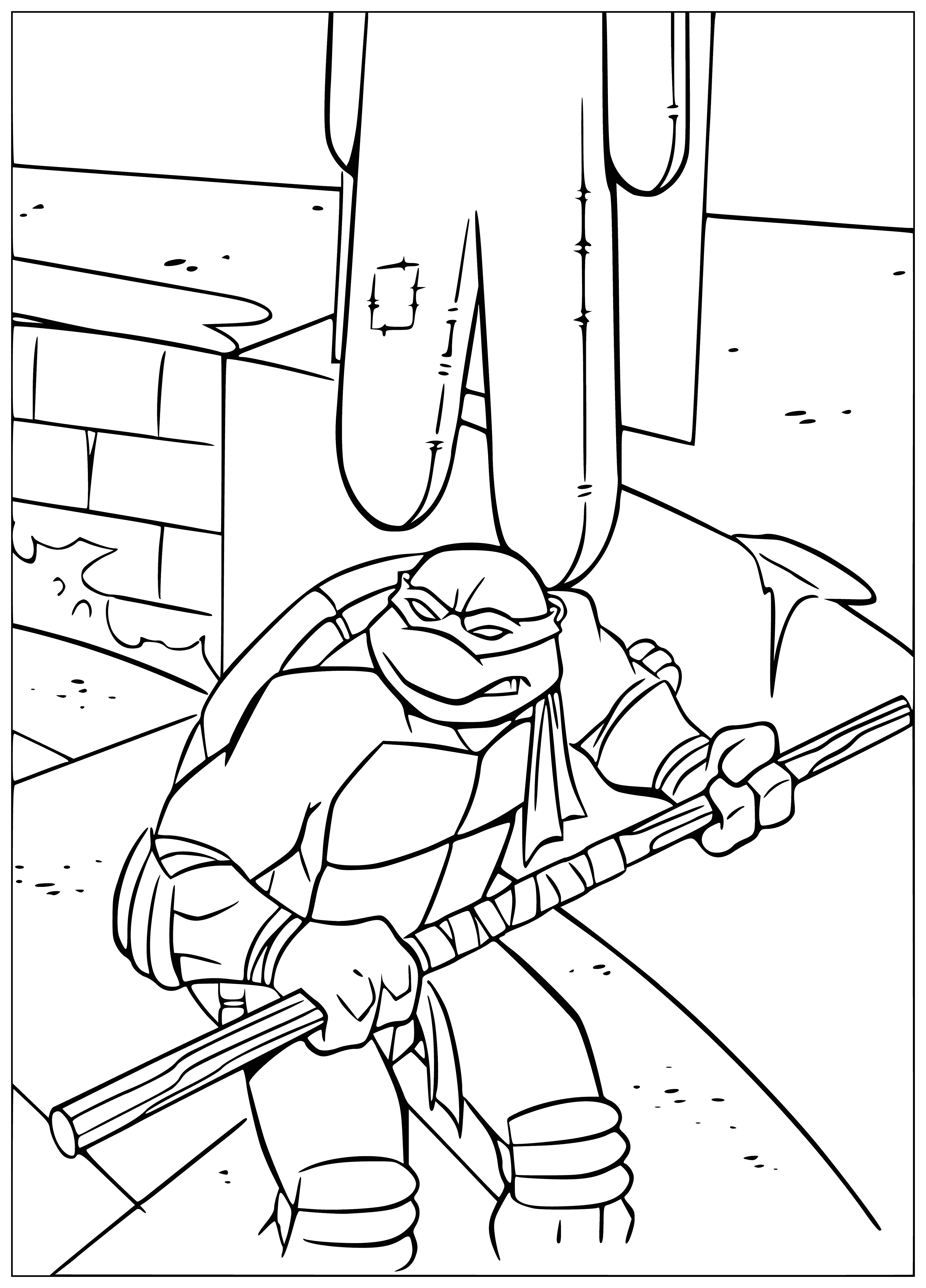 coloring page: A large turtle in a brown shell, green skin, and purple mask is carrying a stick. #coloringpage