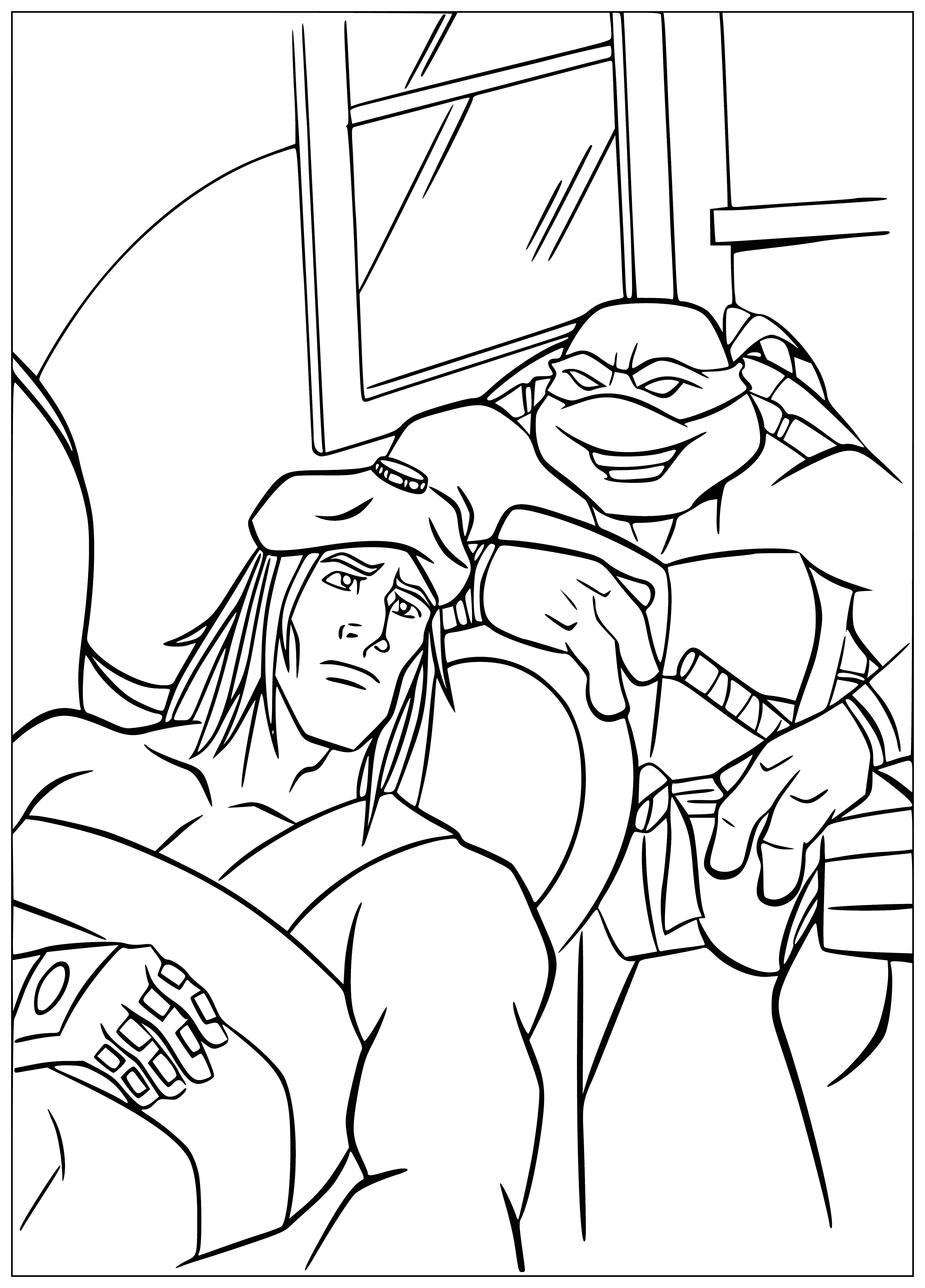 coloring page: Teenage mutant Ninja Turtles fight crime, wear masks & wield weapons to protect their city. Led by Leonardo, other members are Donatello, Raphael & Michelangelo.