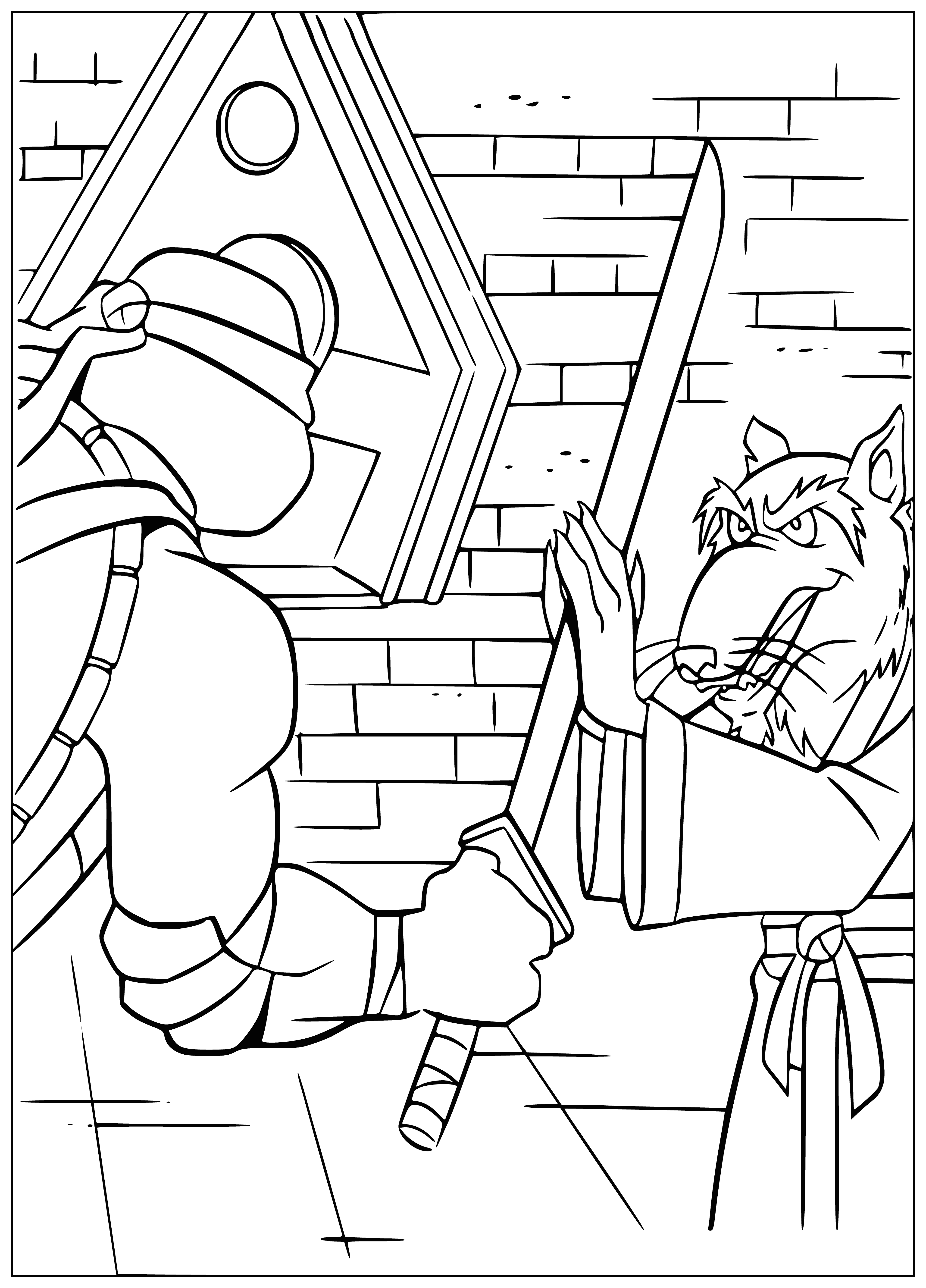 coloring page: Turtle w/club & mask, 4 small turtles w/masks, swords, 1 red, 1 blue, 1 purple shell.