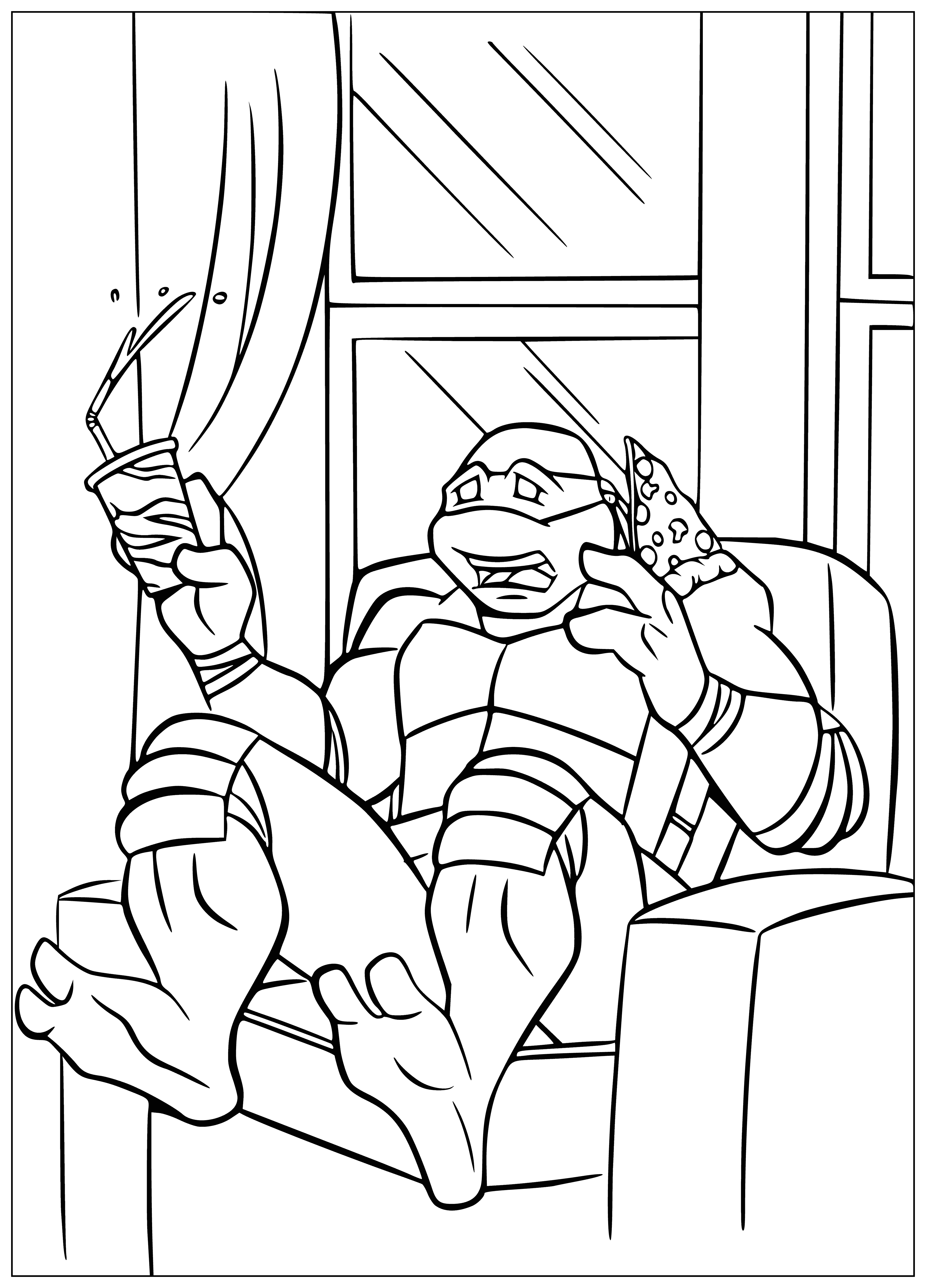 coloring page: Four Ninja Turtles eat pizza, drink cola and chat around a table, wearing two masks. #TMNT #Teamwork