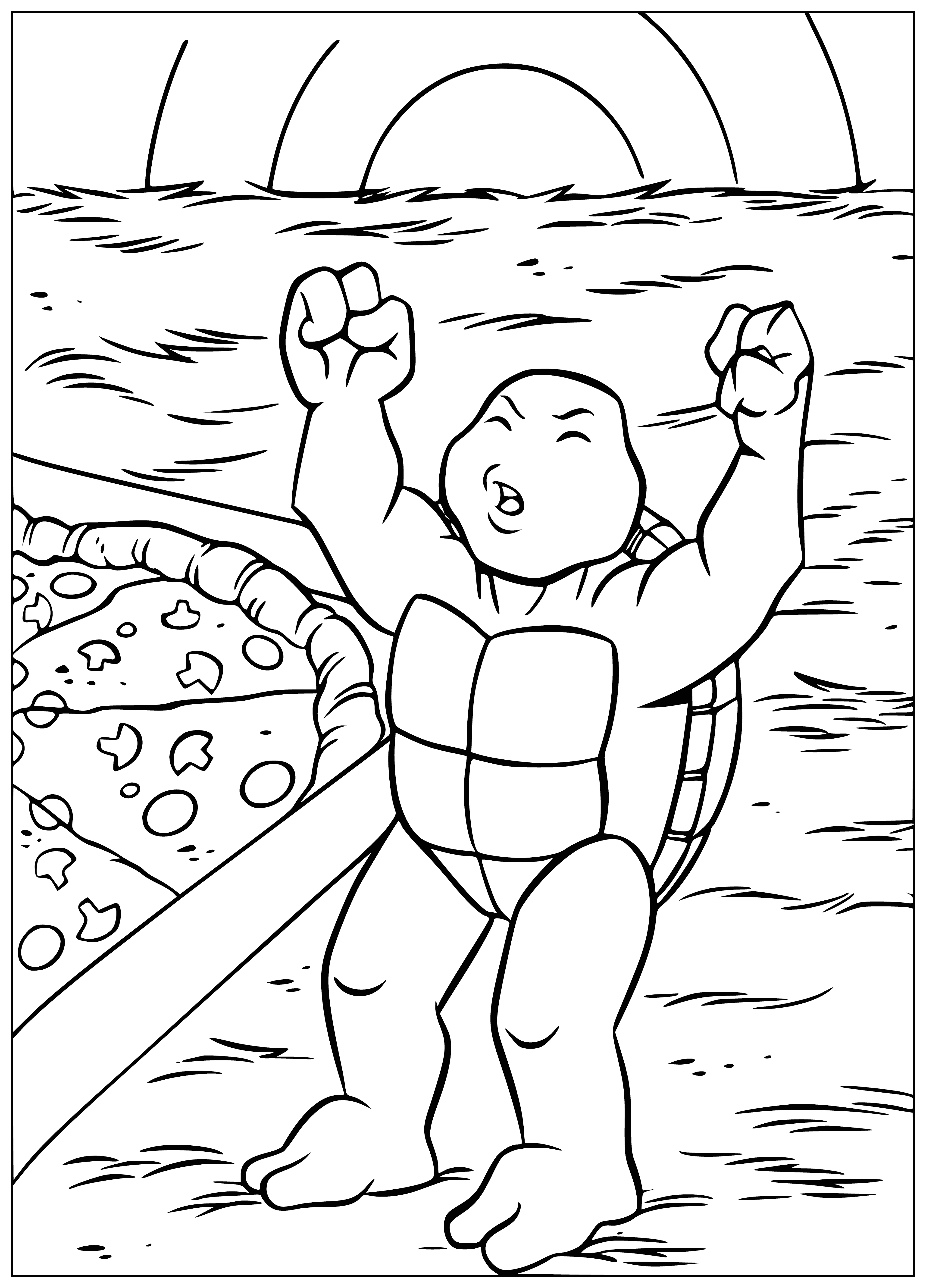 coloring page: Turtle holding pizza in hands in coloring page.