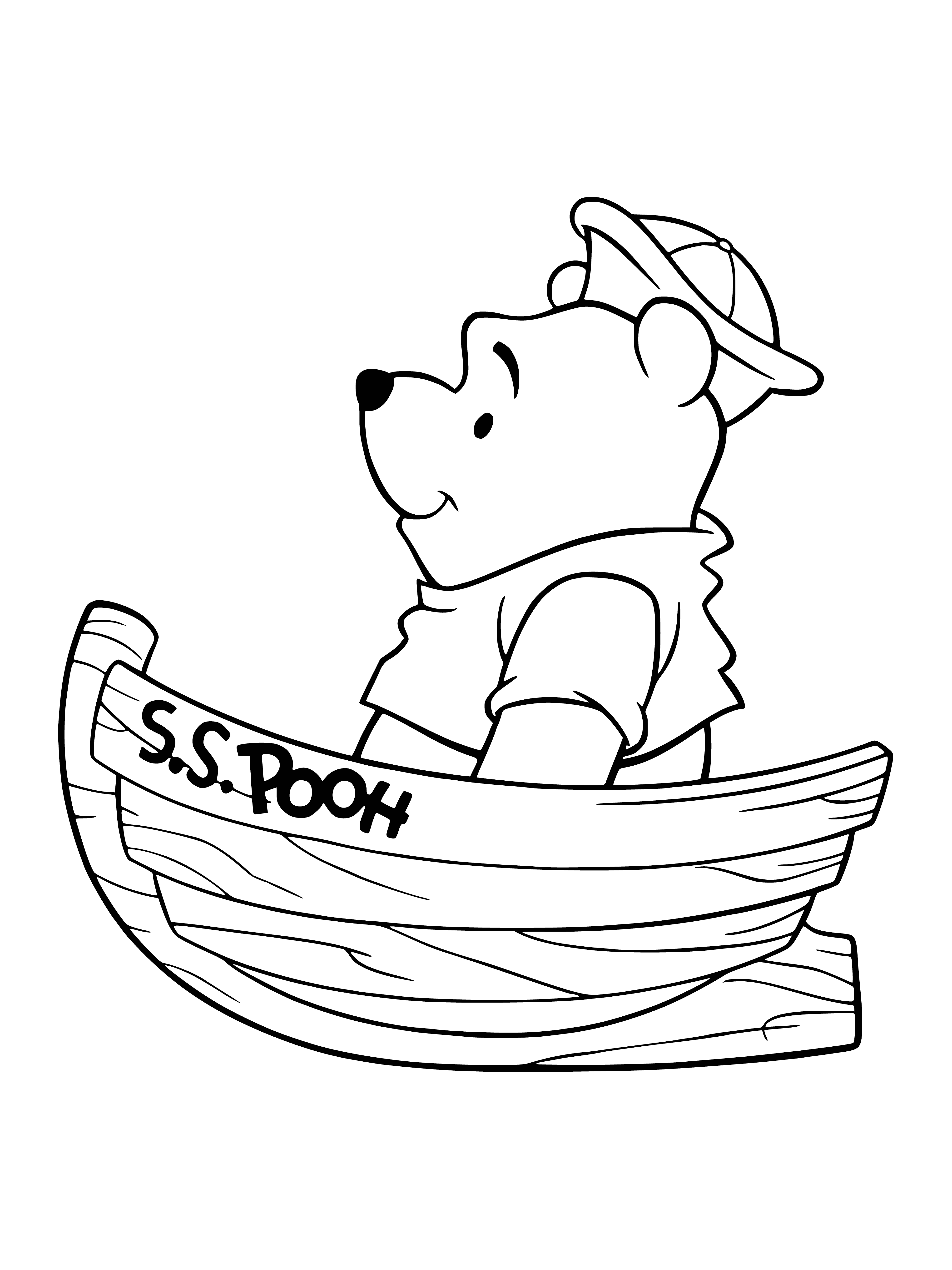 coloring page: Winnie the Pooh takes a boat ride w/ red umbrella, shirt, pot of honey!