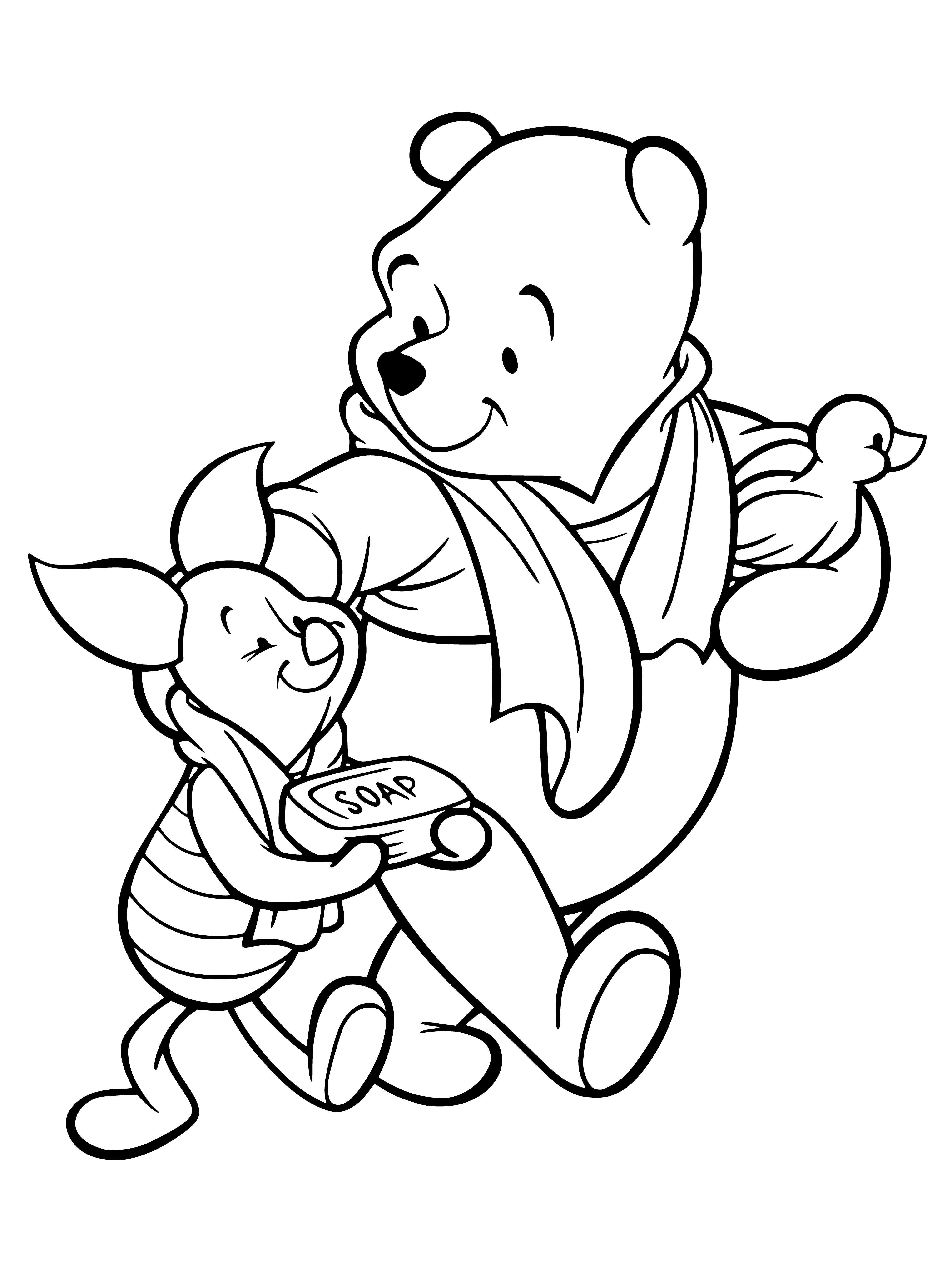 coloring page: Three bears in a tub - 1 has soap, 1 has a towel, 3rd is surrounded by bubbles.
