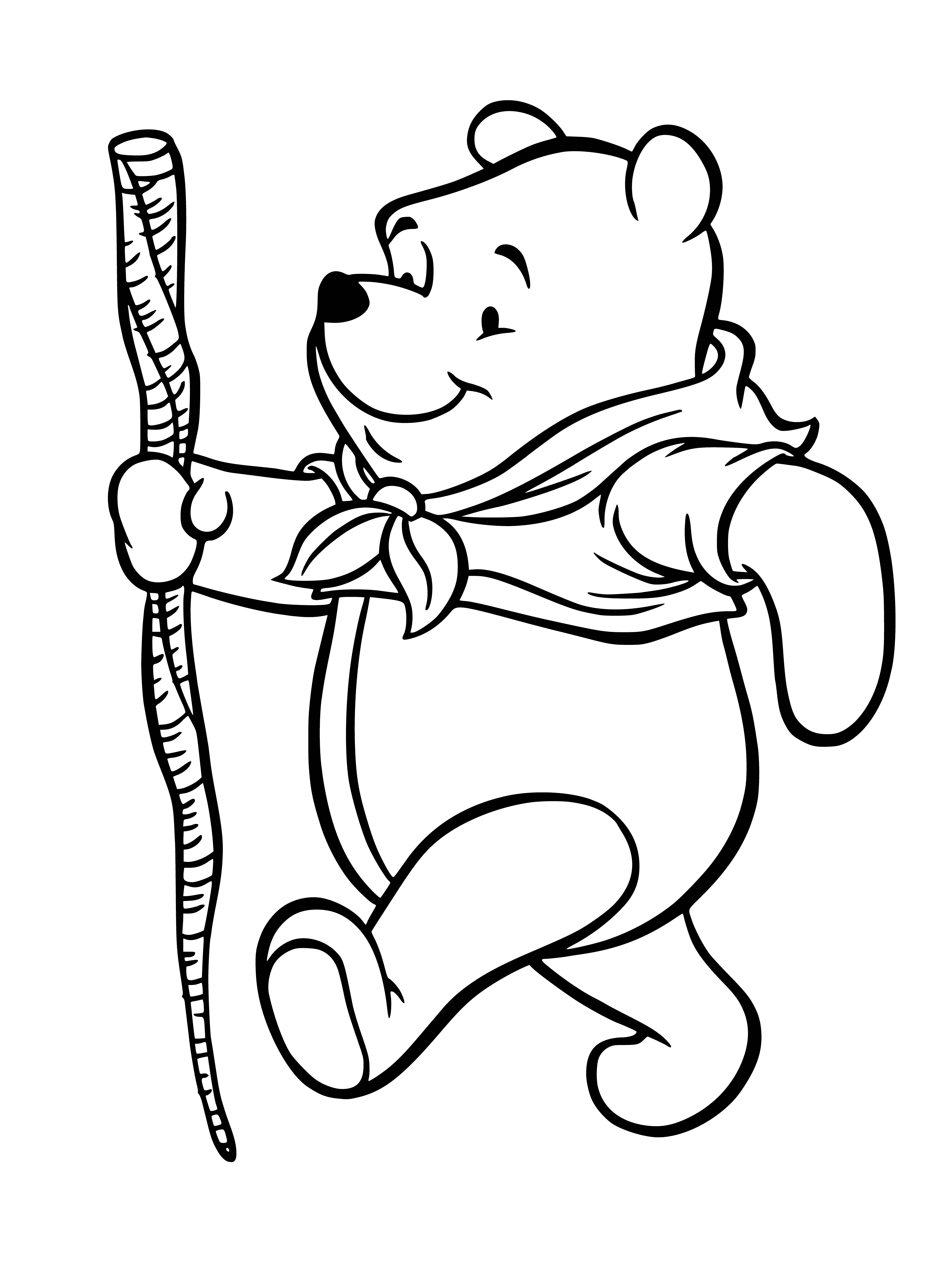 coloring page: Winnie the Pooh walks solemnly up a dirt path, red balloon in hand, with trees on either side and a butterfly nearby. He has a serious demeanor.