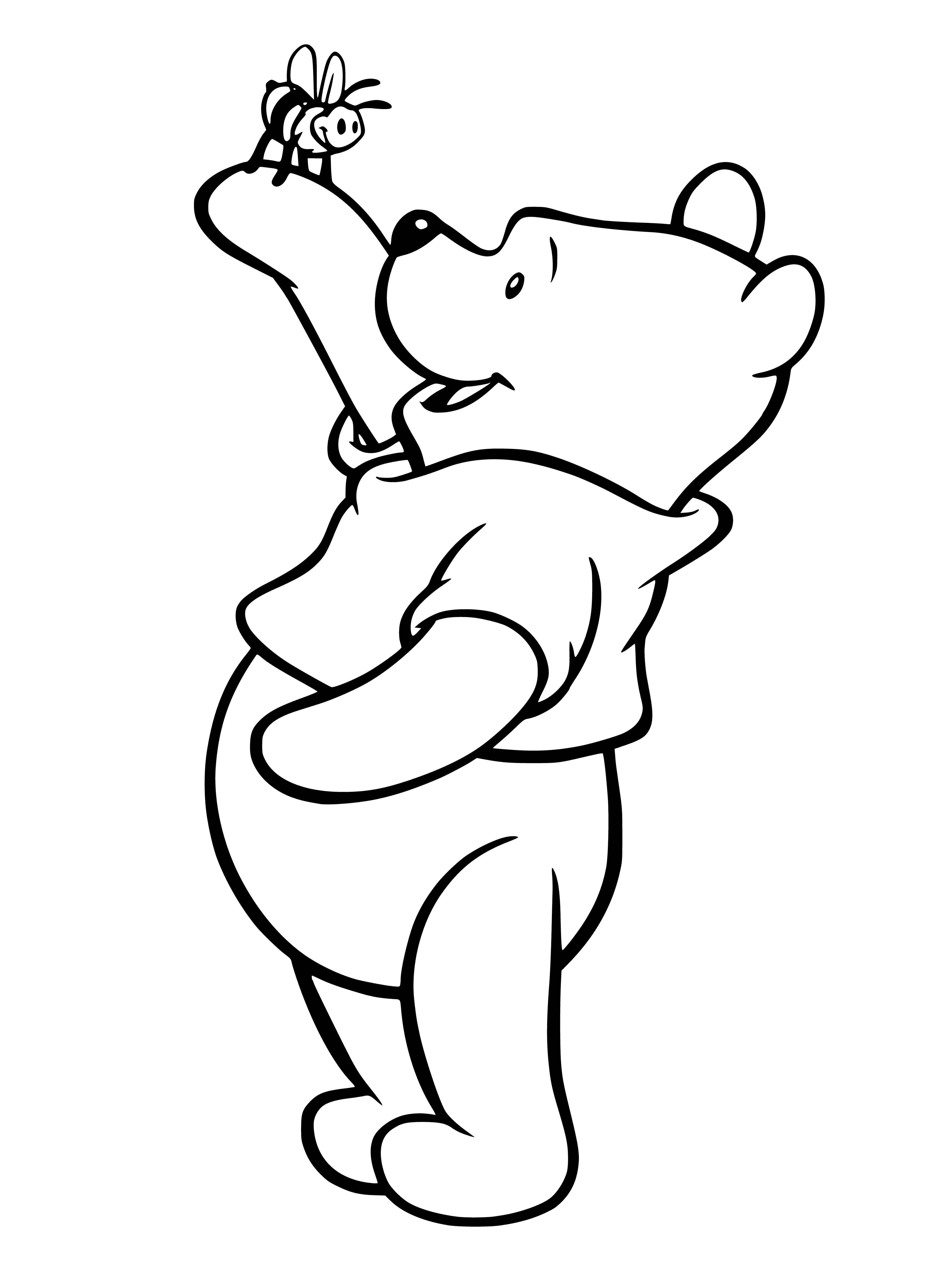 coloring page: Winnie the Pooh watches a bee buzzing around a flower near a tree, honey pot nearby.