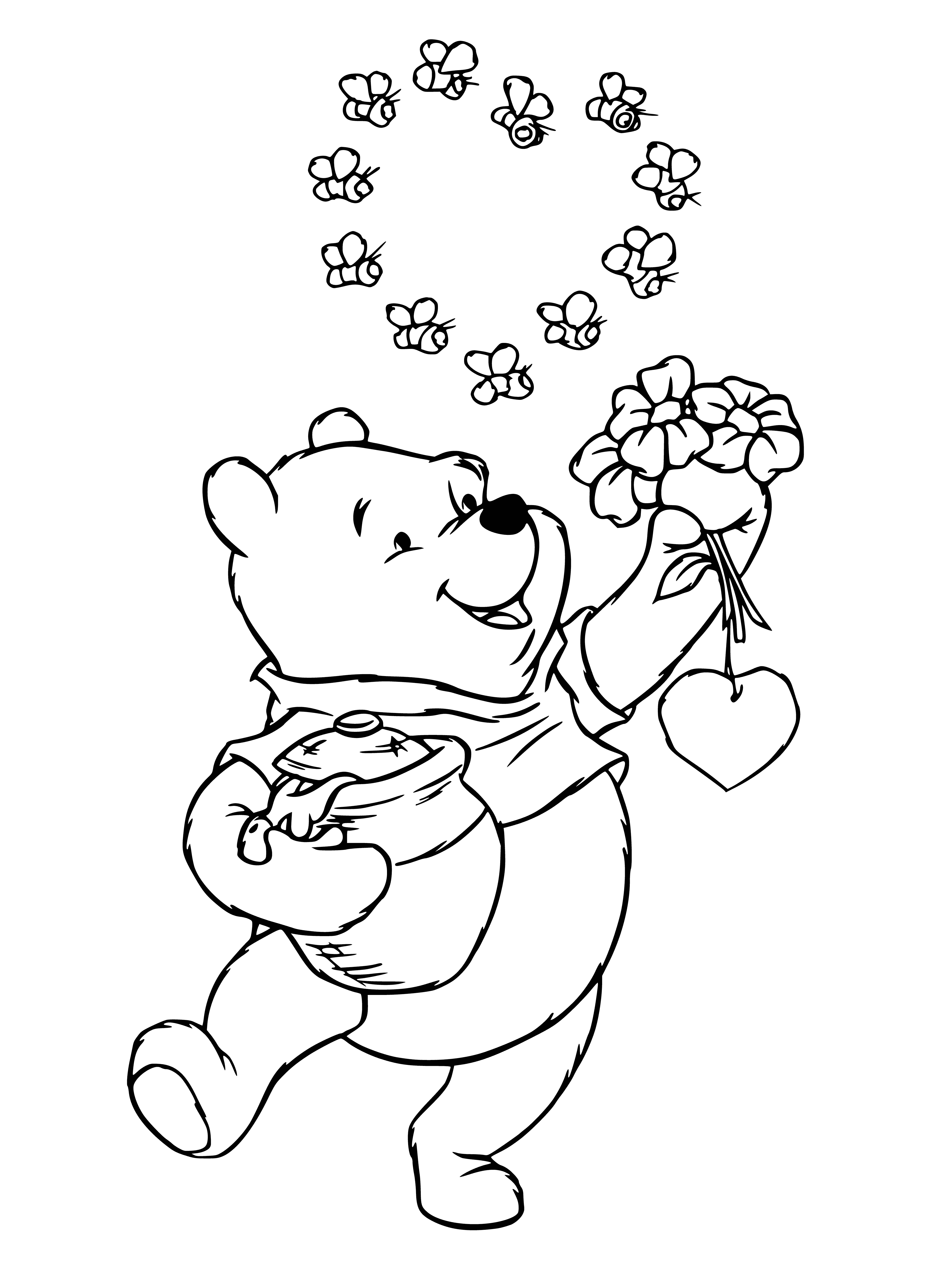 coloring page: Pooh eating honey in a tree surrounded by buzzing bees.