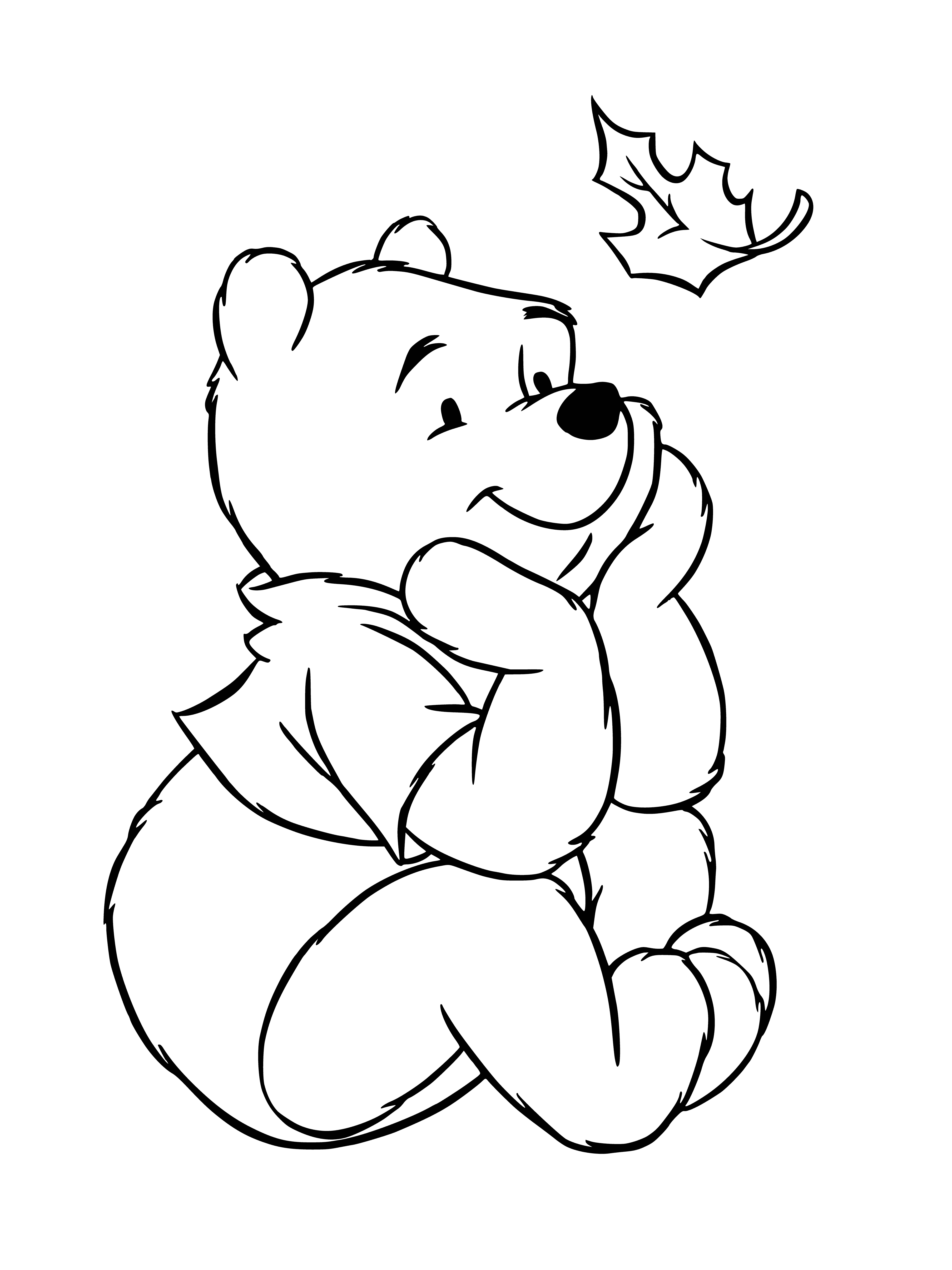 coloring page: Winnie the Pooh with an arm wrapped around a tree, smiling at a leaf in his other hand. #happydays
