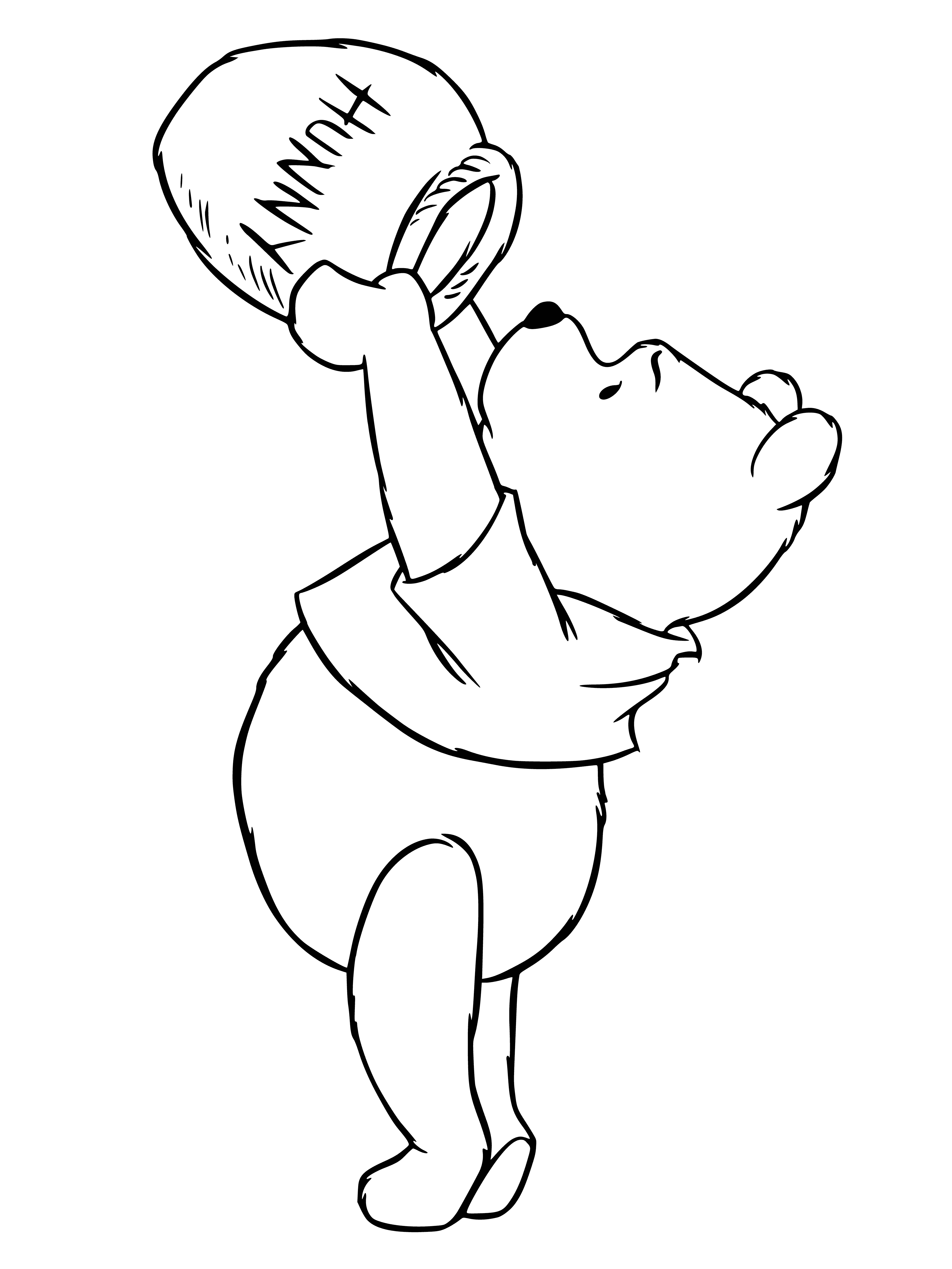 coloring page: Winnie the Pooh sadly looks at a honey pot while standing next to a table with a chair, bowl and open book.
