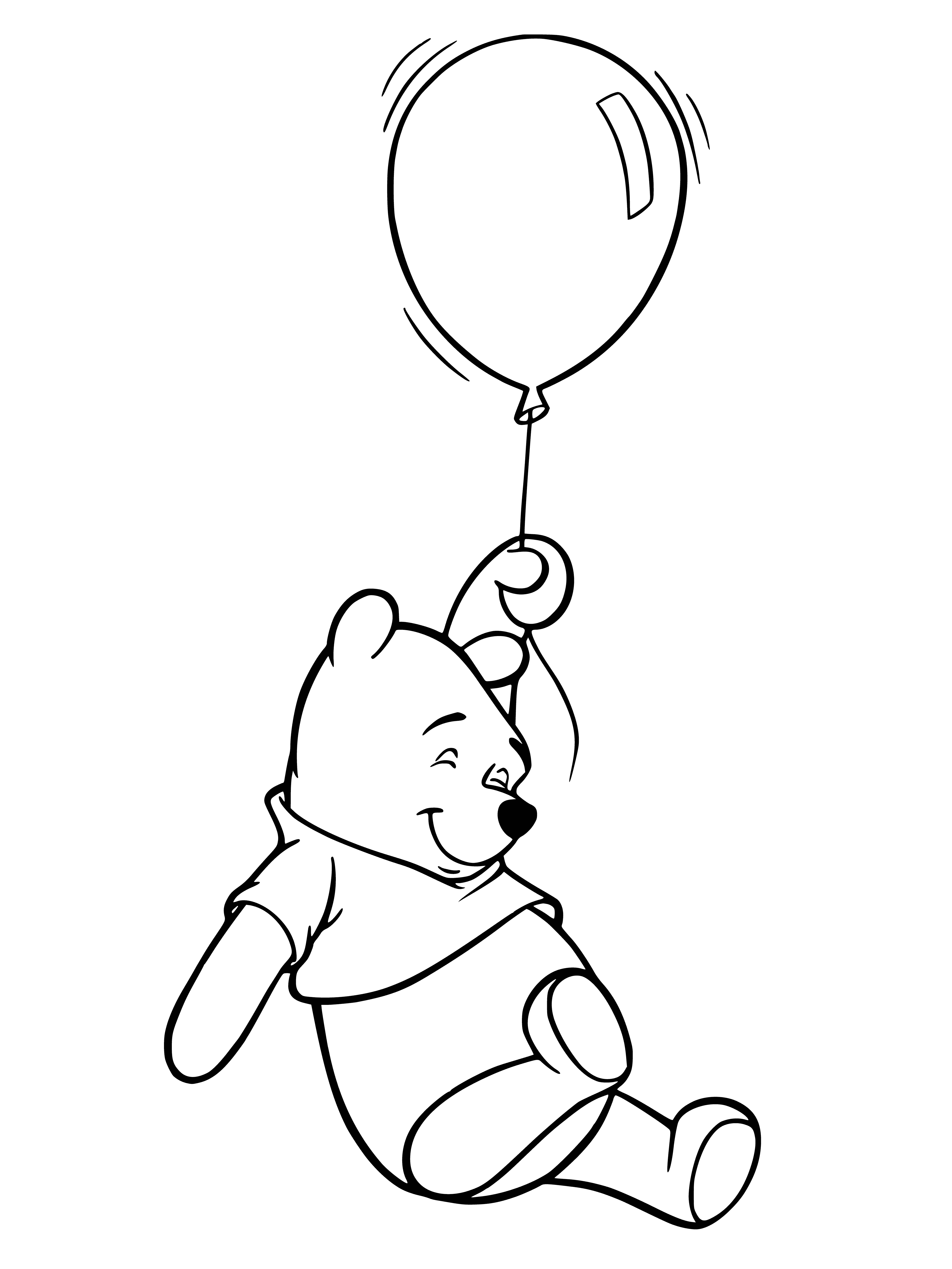 coloring page: Winnie the Pooh is flying in a red hot air balloon with a bee-covered coloring page attached by a string. #Winnie #Pooh