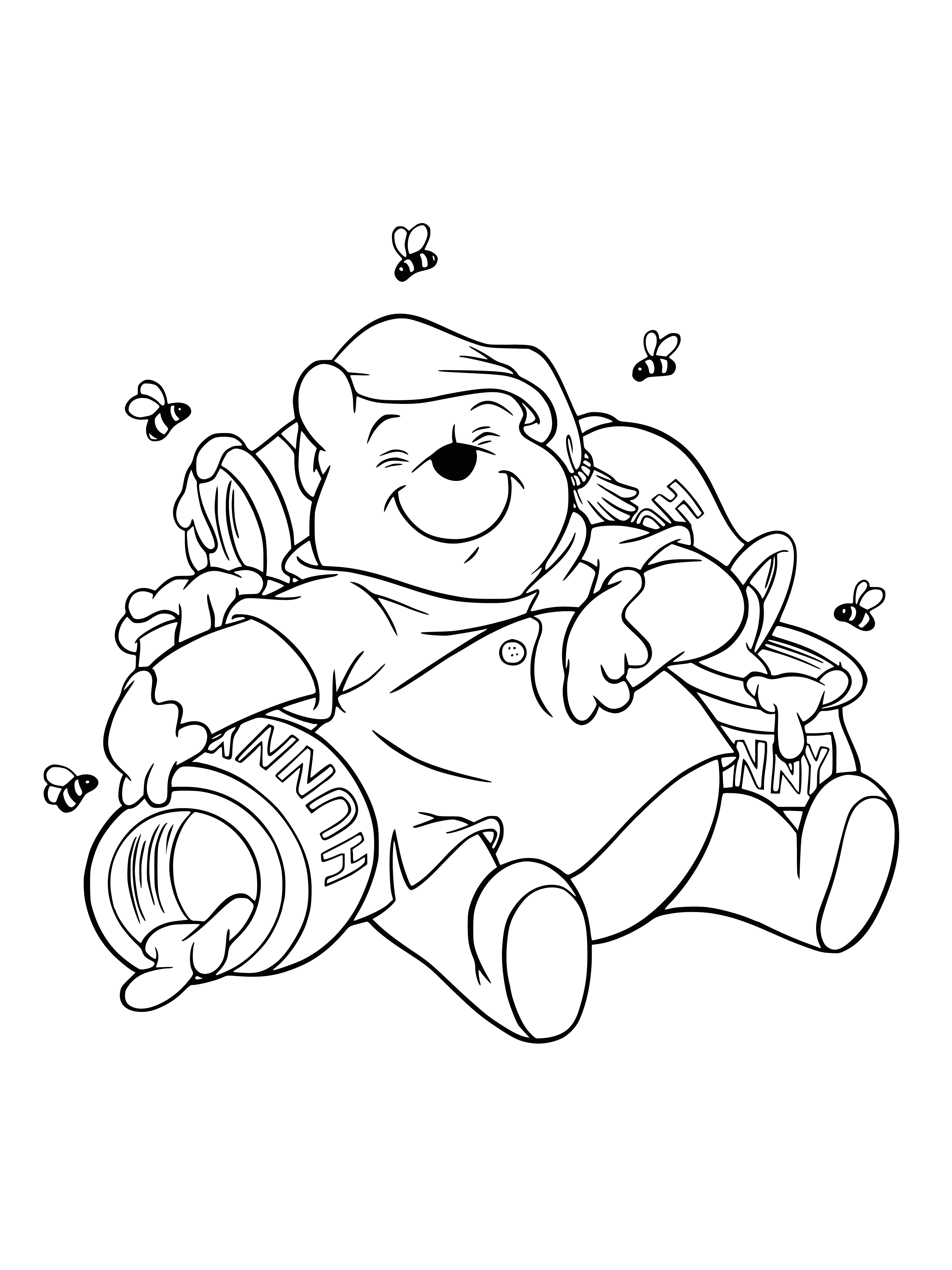 coloring page: Winnie the Pooh is a teddy bear enjoying a day with his bee friend and honey pot in a field of flowers.