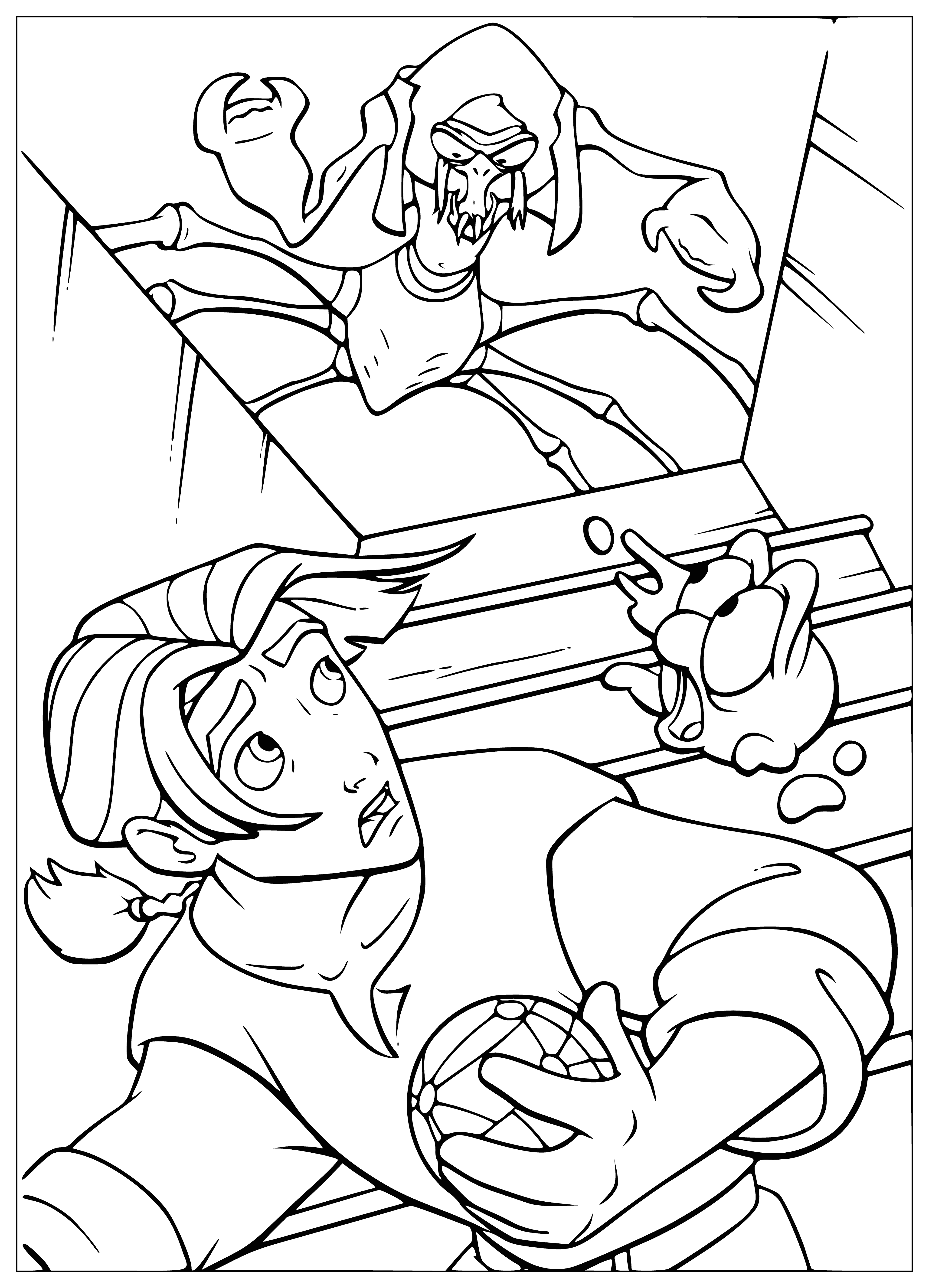 coloring page: Boy chases map at sea; he runs after it as it drifts in the wind.