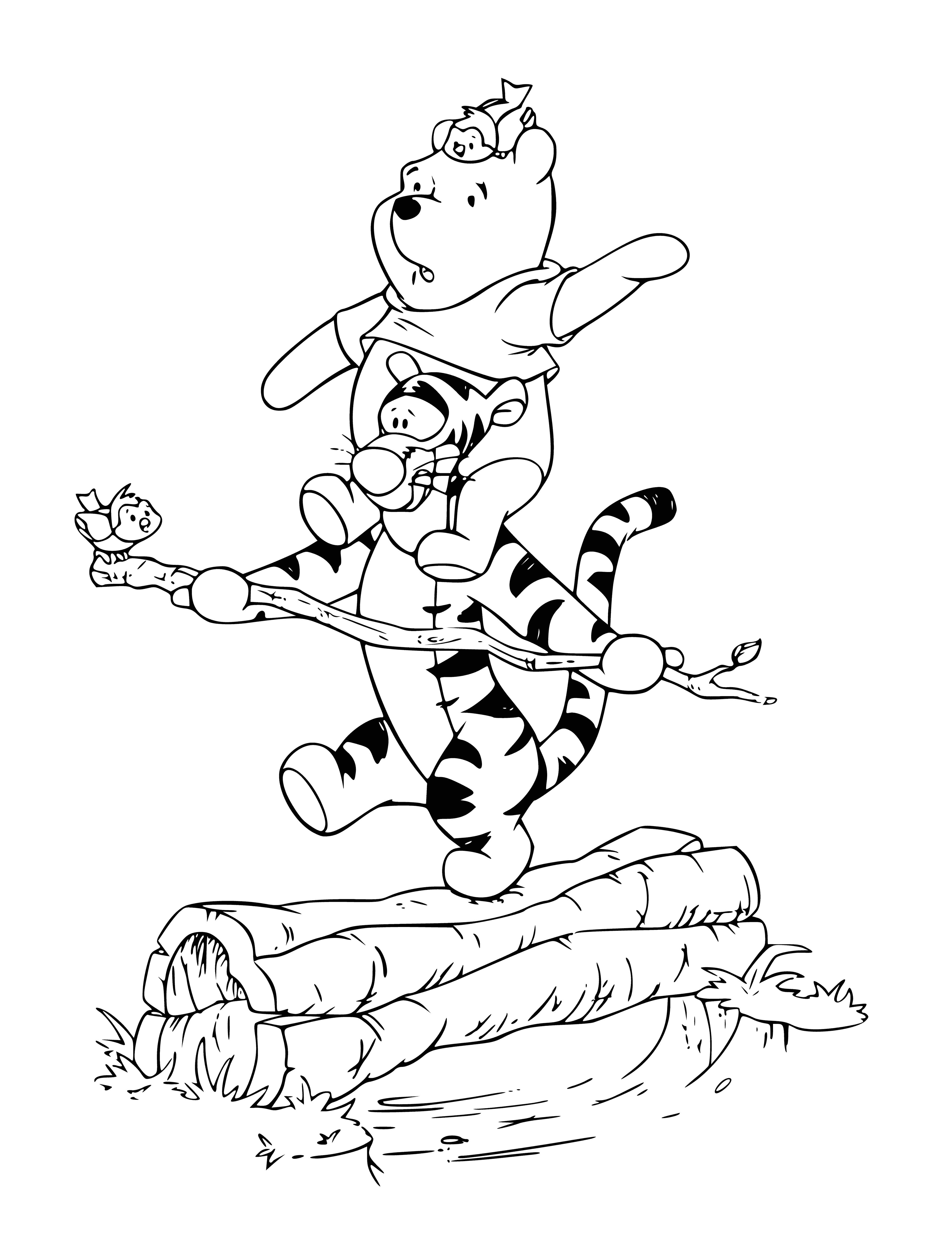 coloring page: Winnie the Pooh and Tigger stand side-by-side, arms outstretched, Pooh looking up, Tigger smiling. A tree stands behind, with green leaves and yellow/red leaves on the ground.