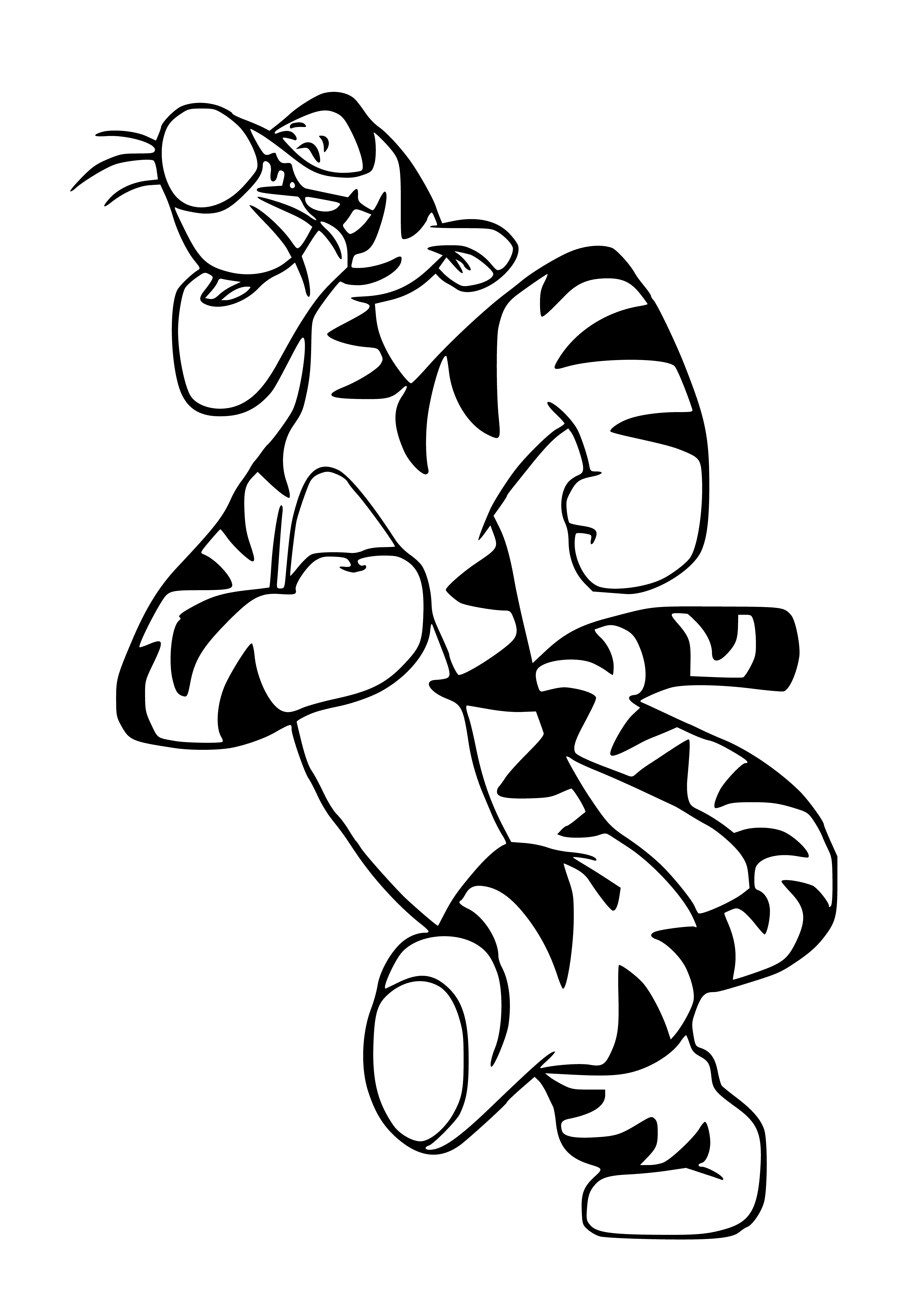 coloring page: Tiger with orange fur and black stripes stands on rock in river, looking at the camera in coloring page.