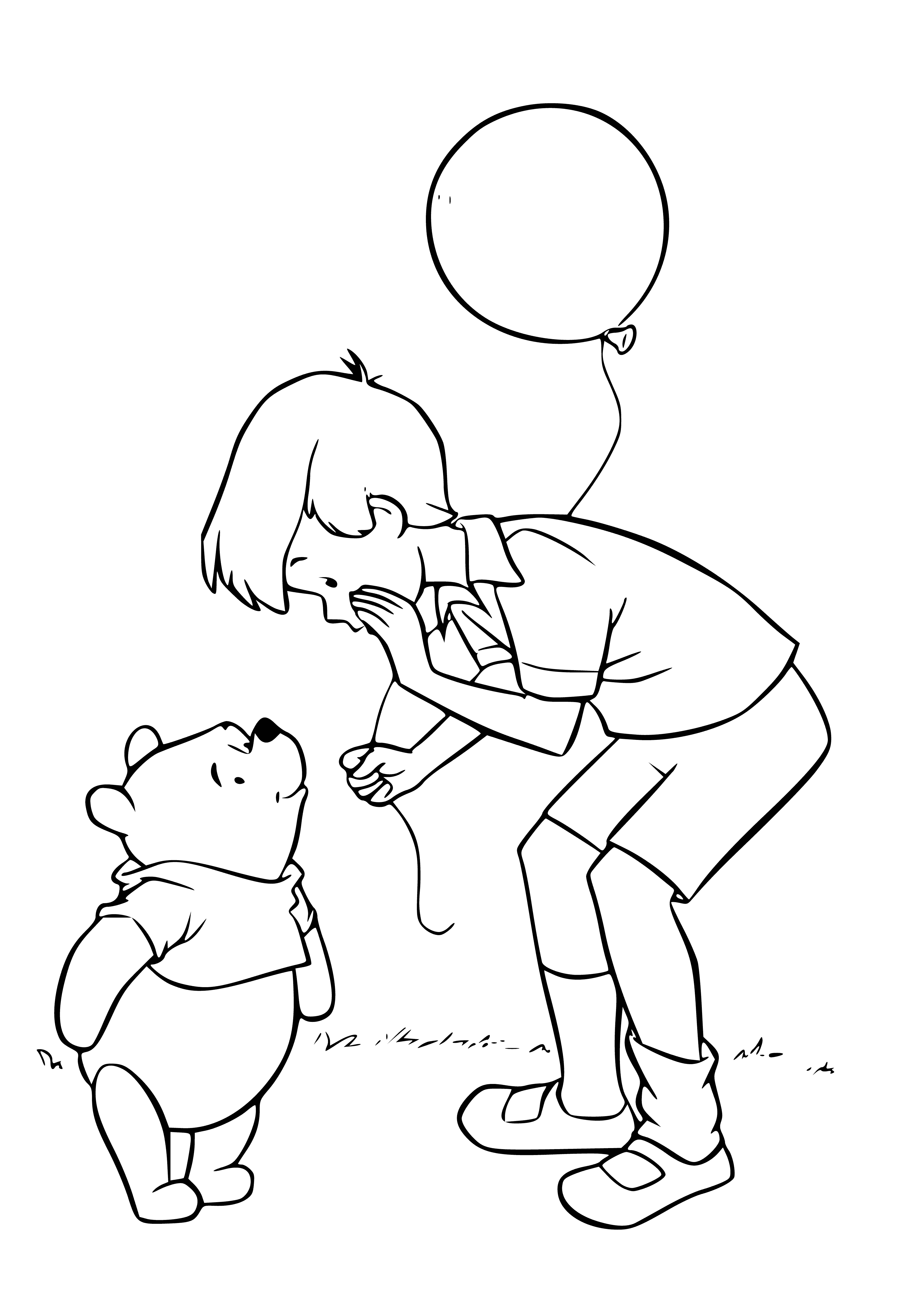coloring page: Christopher Robin and Winnie the Pooh happily lean against each other, surrounded by a buzzing bee hive.