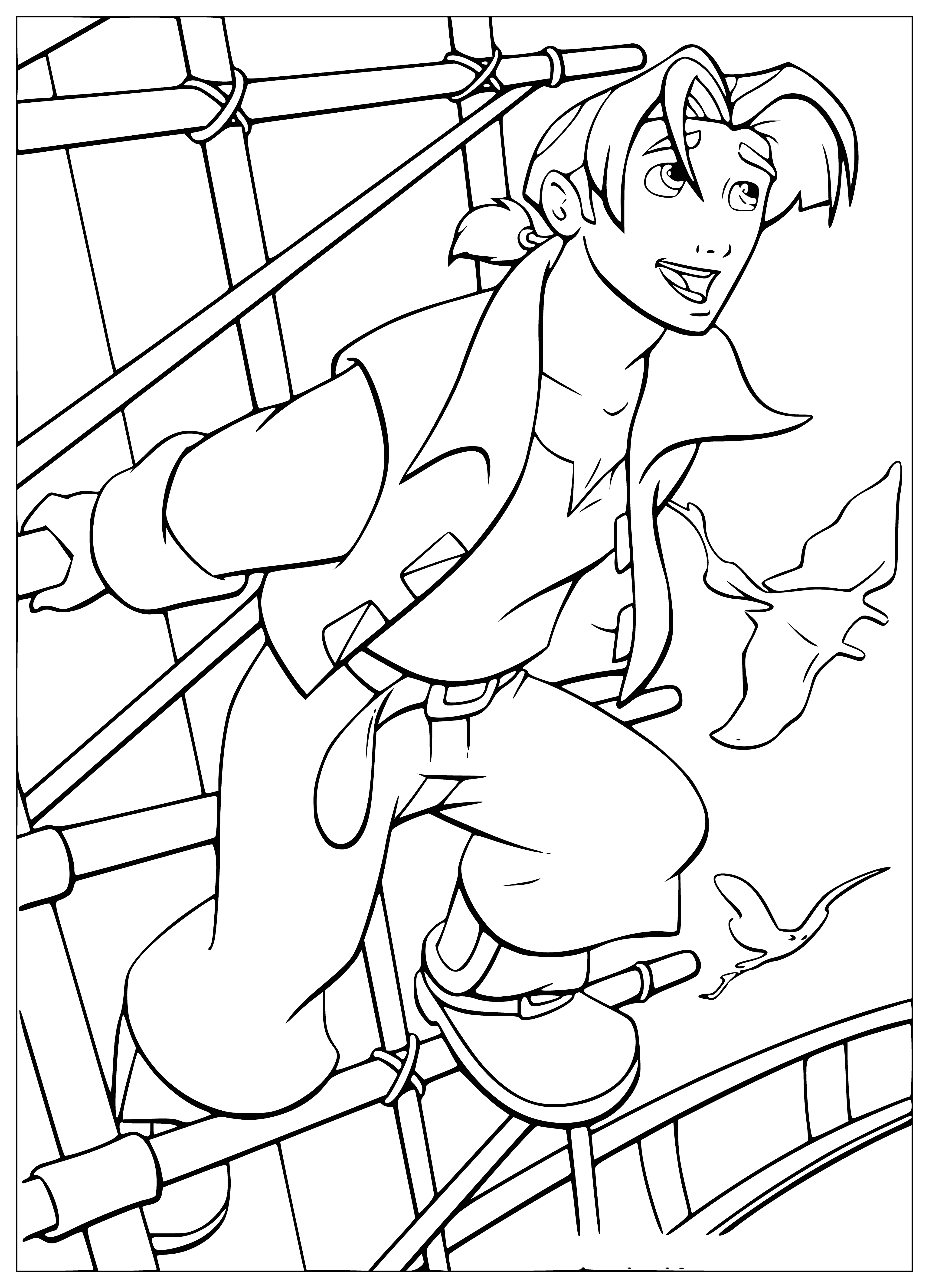 coloring page: Boy in "J" shirt explores planet, gazing into the distance with telescope in one hand, pointing with the other.