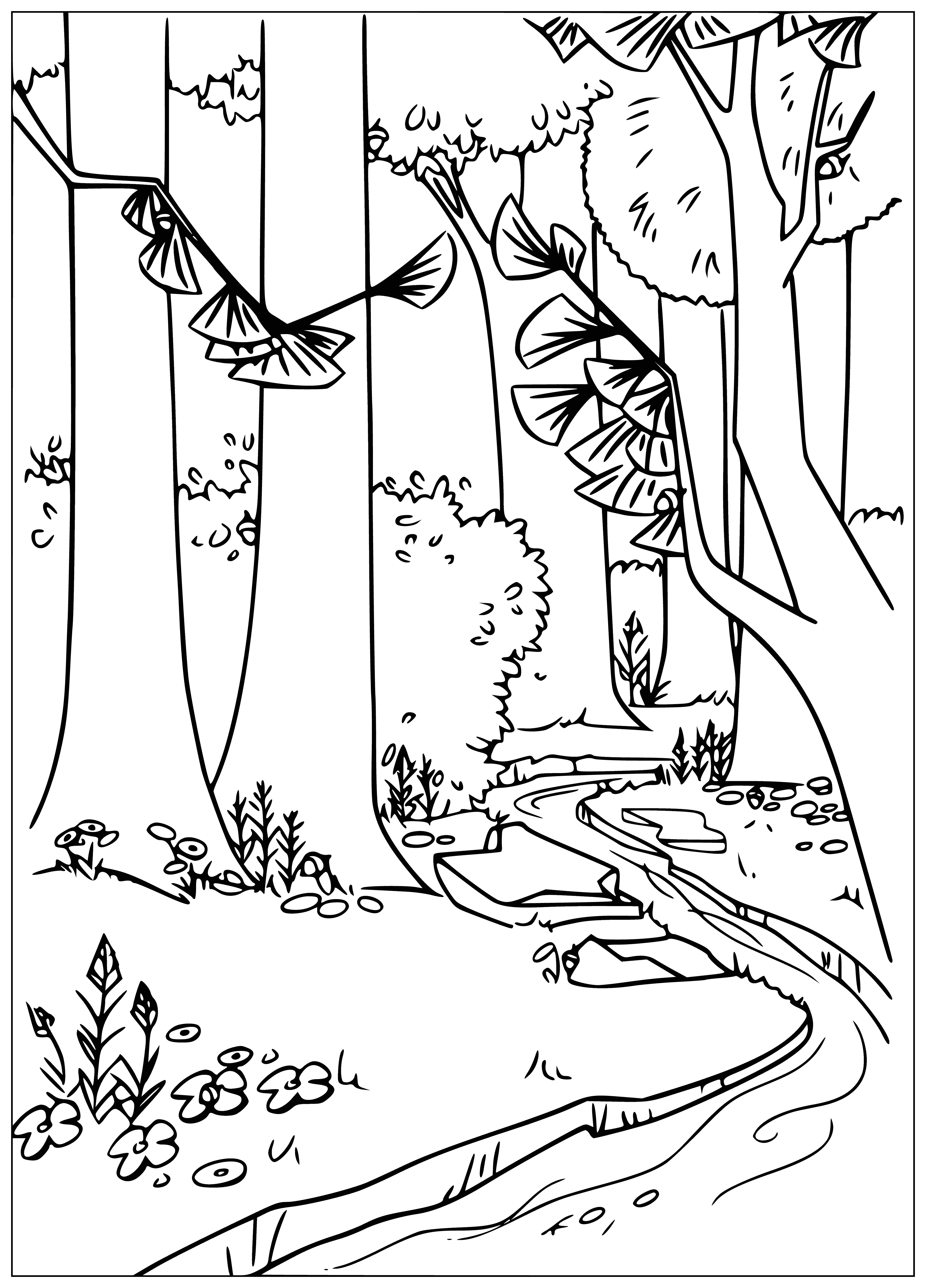 coloring page: Coloring page has a large tree, blue sky w/ white clouds, small hill w/ grass, 2 trees w/ green & yellow leaves & a fallen tree in the foreground.