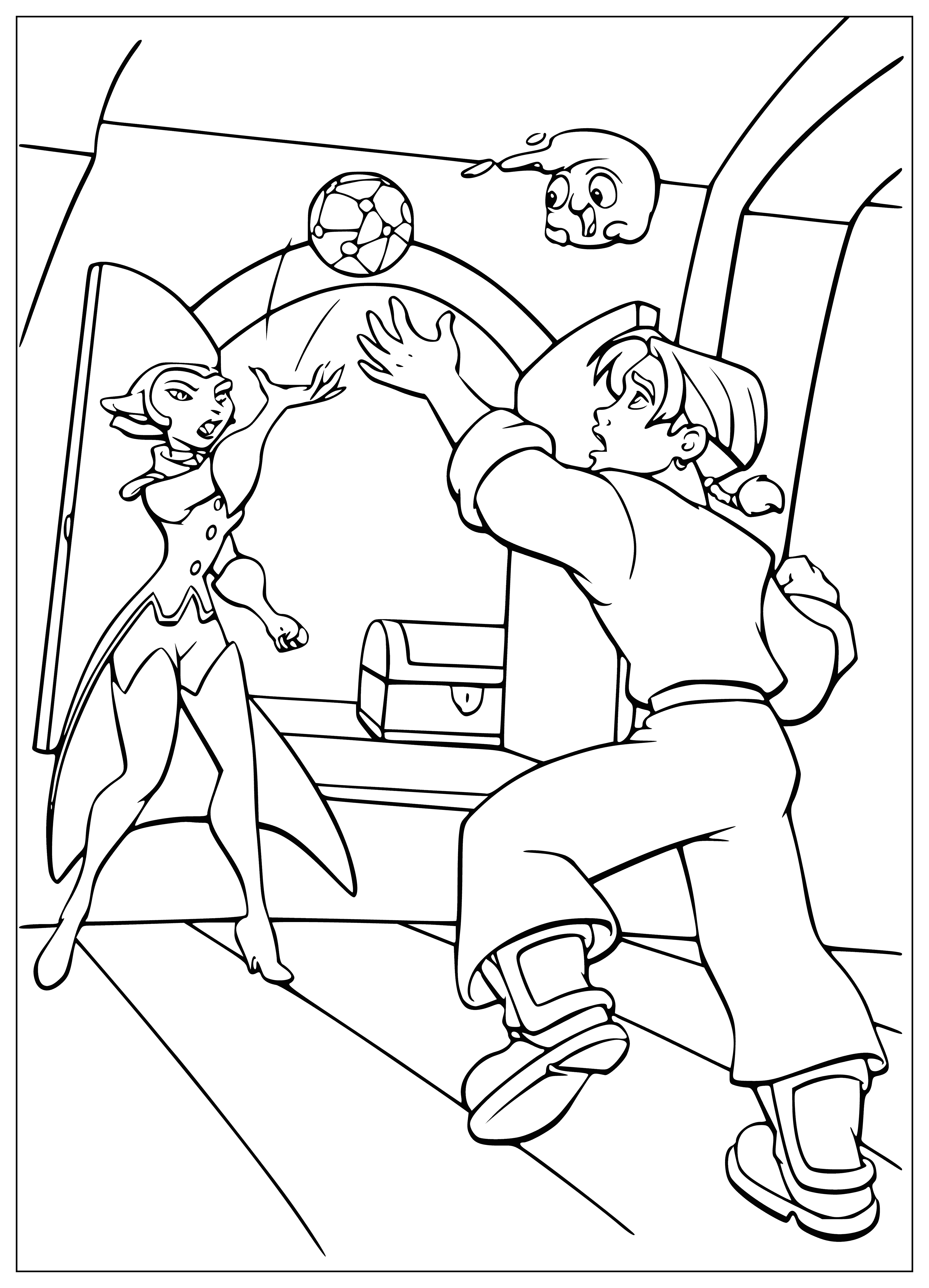 coloring page: Captain hands map to Jim, who is excited. Captain relieved to be rid of it, map well-used with folds & creases.
