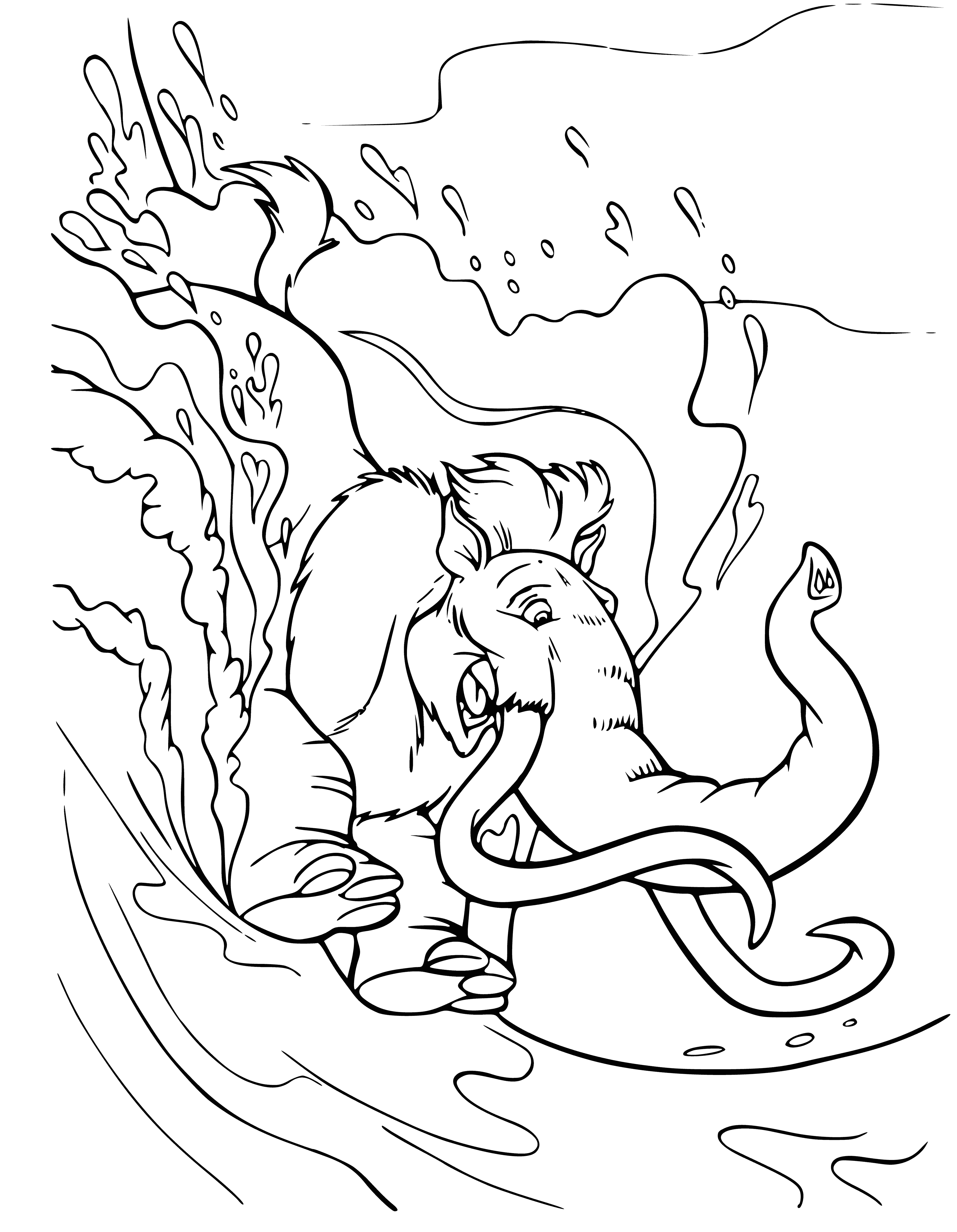 coloring page: Manny the Woolly Mammoth takes a stroll in crystal-clear water, surrounded by fish & other creatures.