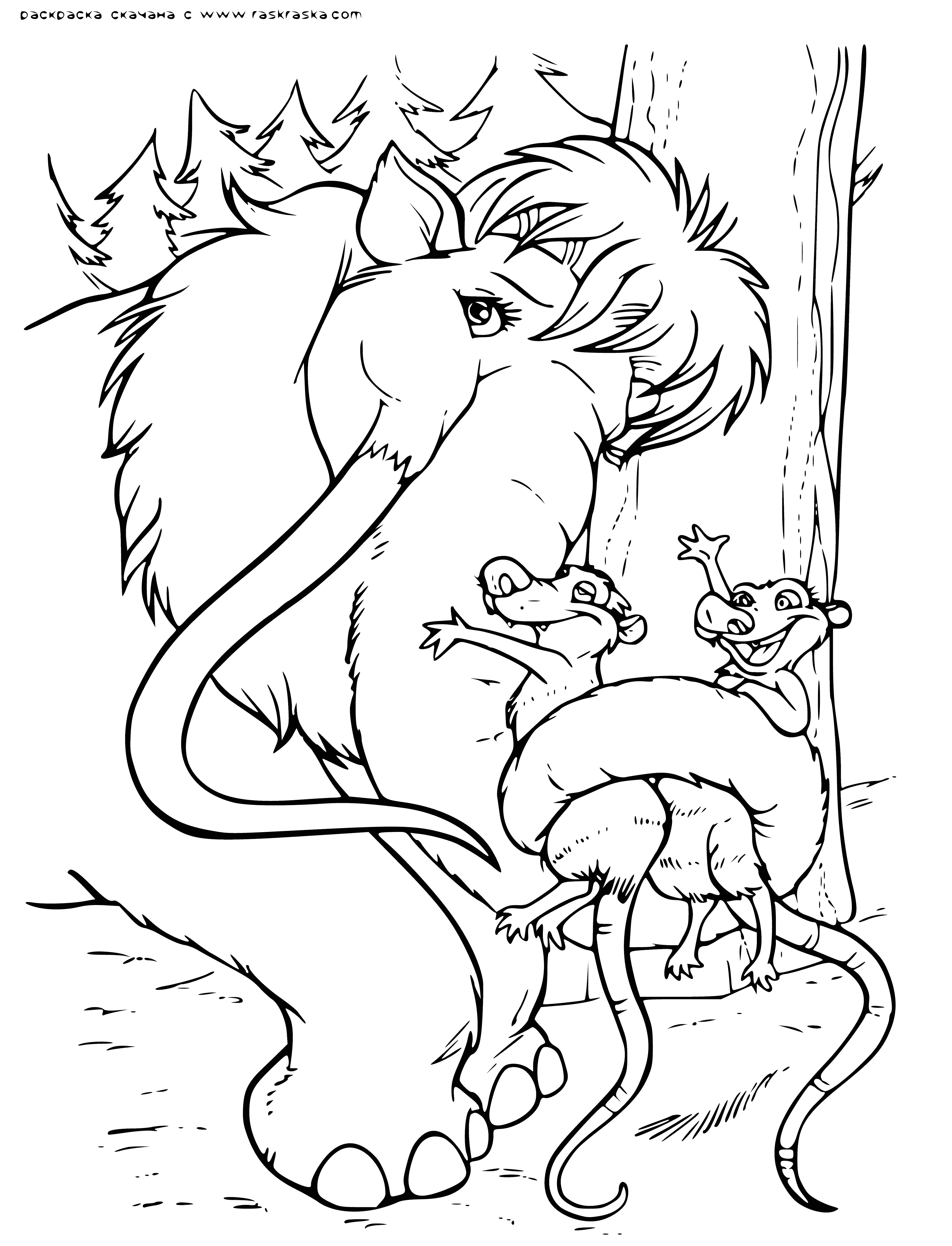 coloring page: Brother and sister share a peaceful moment in a beautiful Ice Age landscape, surrounded by a pink and orange sky.