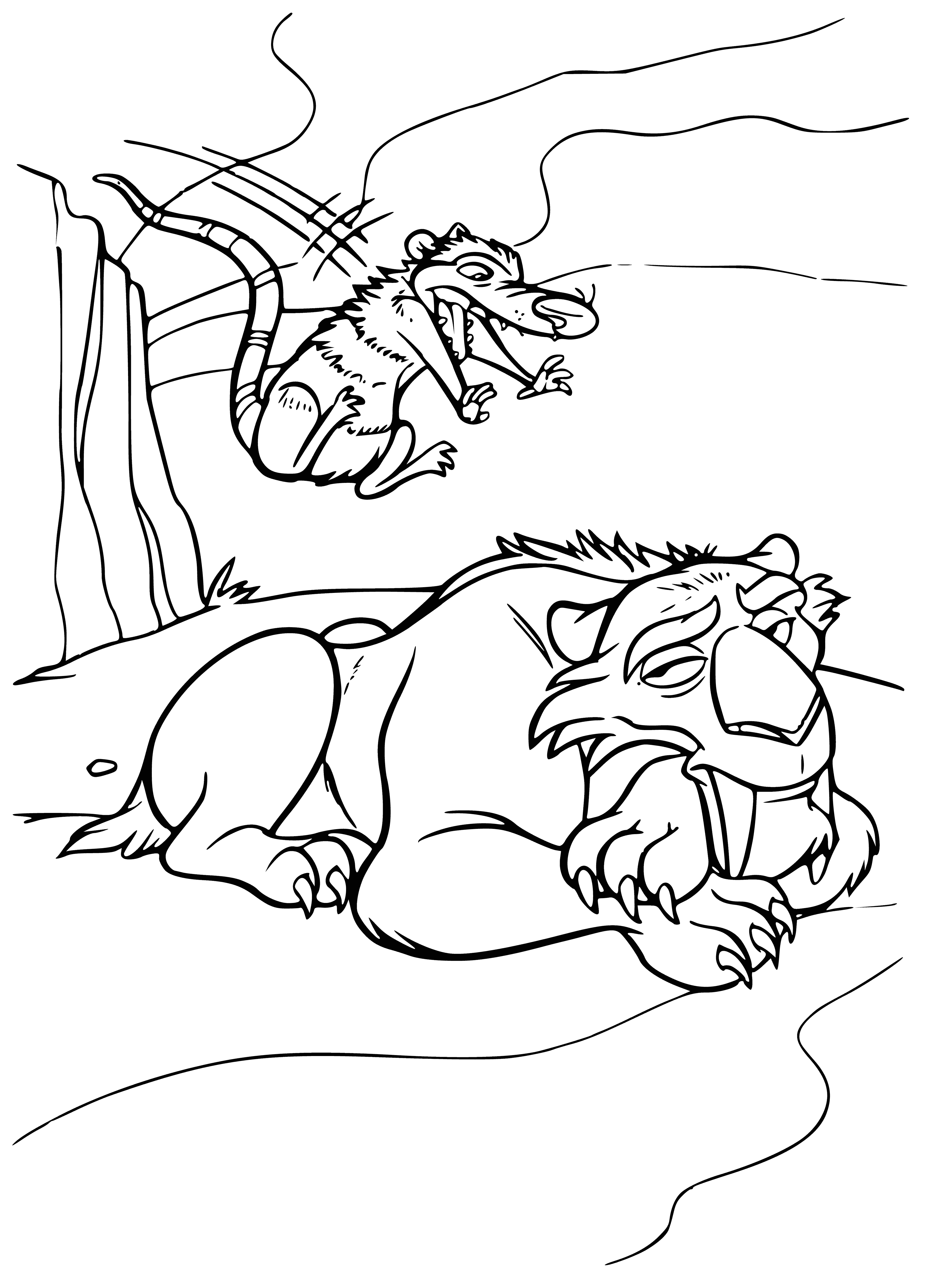 coloring page: Diego's stuck to an ice block, confused and scared. His tail hangs and ears are pressed against his head.