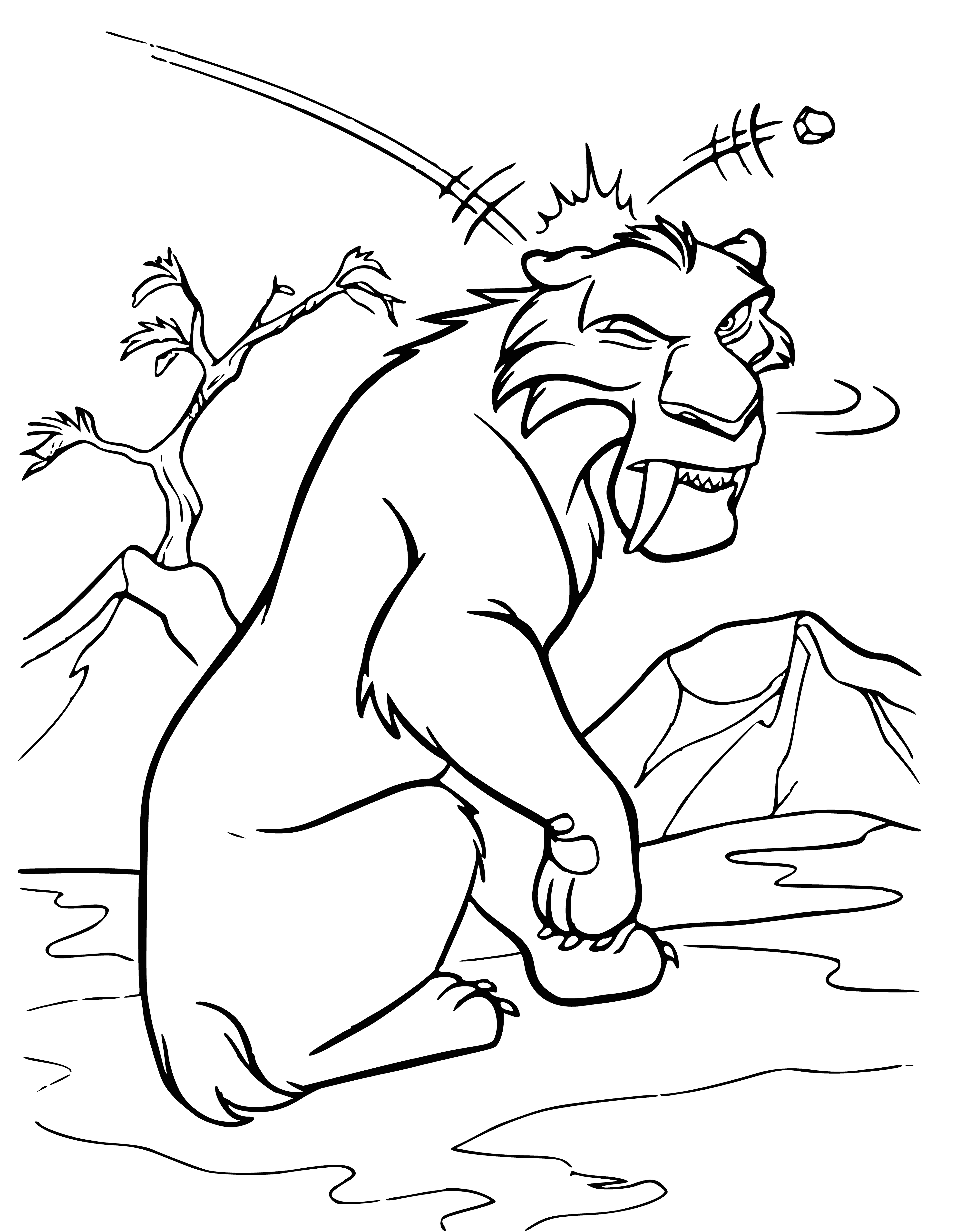 coloring page: Diego, a saber-toothed tiger from the Ice Age with large, sharp teeth, light brown fur & greenish-blue eyes, kneels down ready to pounce.