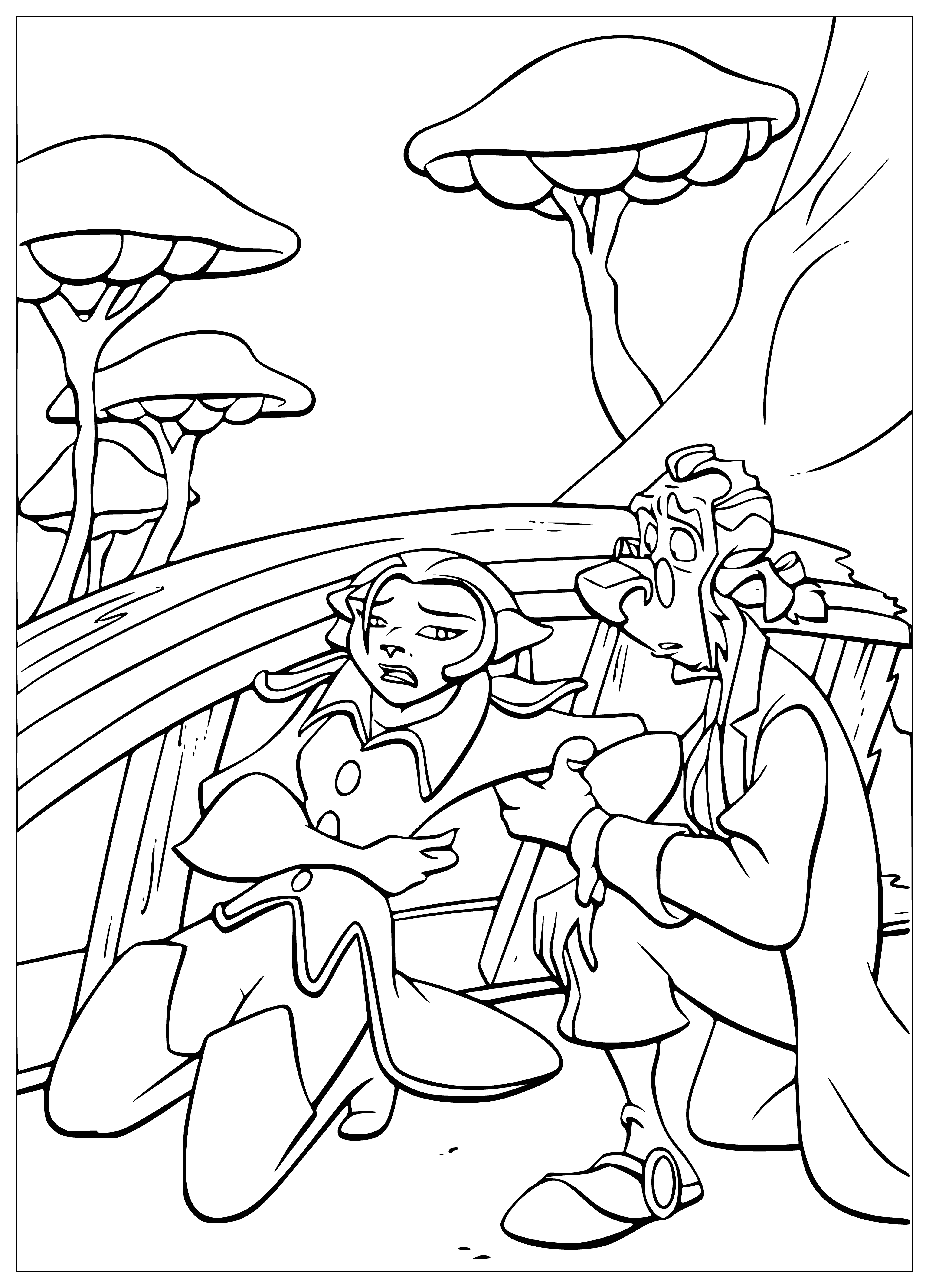 coloring page: Captain wounded in battle w/ space pirates; being cared for by concerned mate, pale & sweaty, shirt stained with blood.