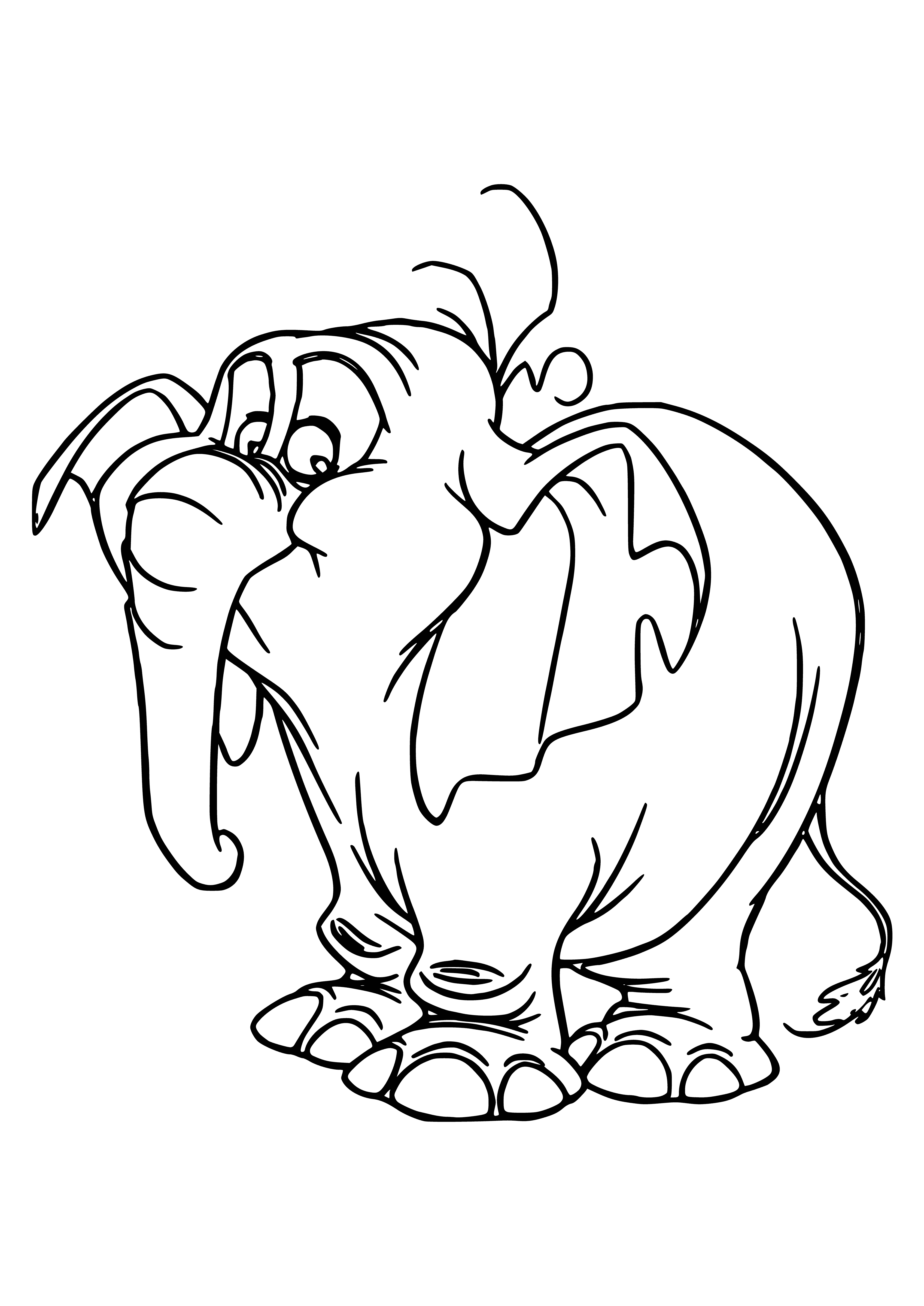 coloring page: A light-colored elephant stands on a dirt path in a jungle, with trees and vines around him. He has a long trunk, large ears and curved tusks.