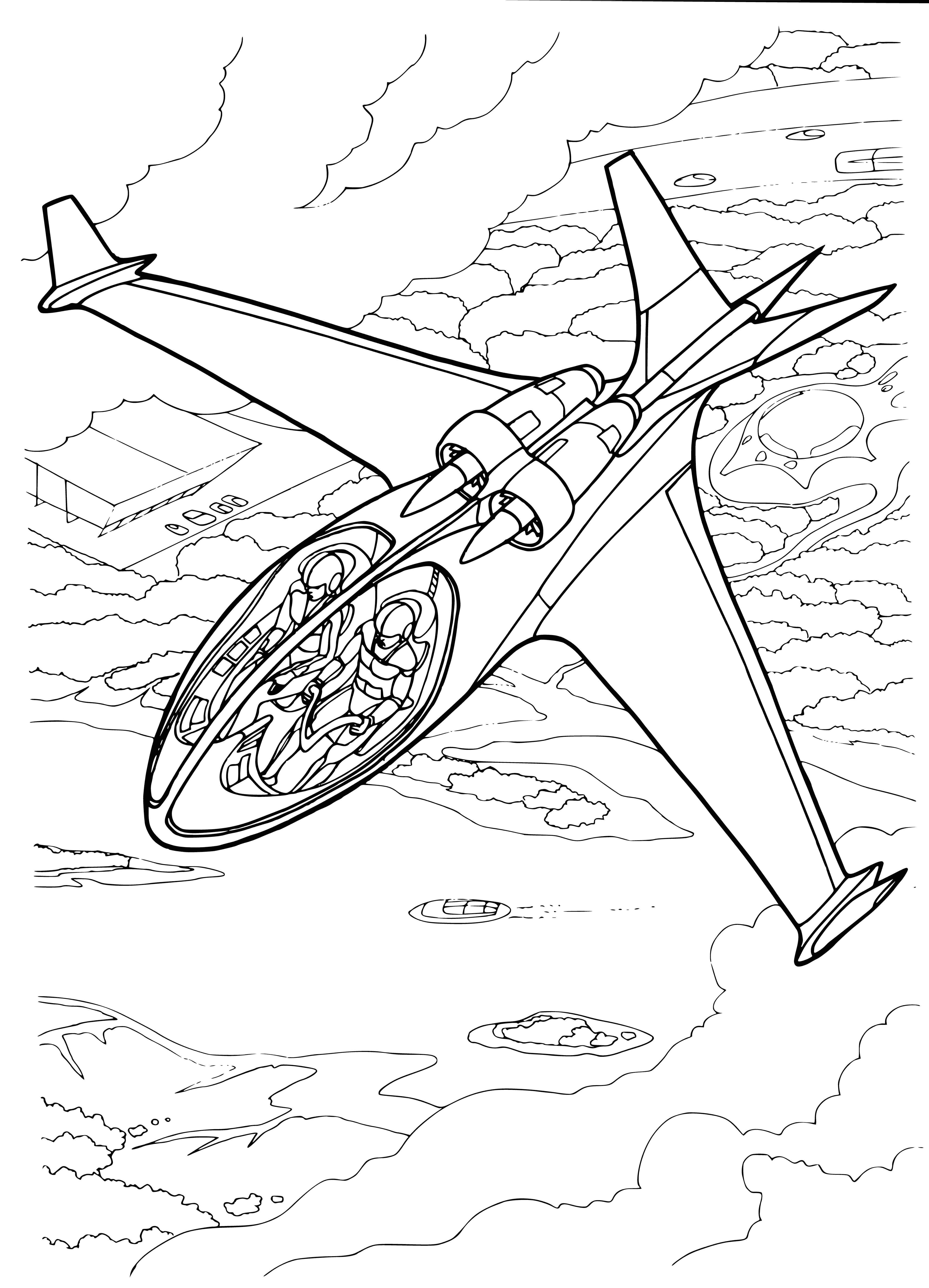 coloring page: Small, personal plane seats up to 2, powered by jet engine, w/sleek design, small cockpit, wings, & horizontal tail fin. #aviation