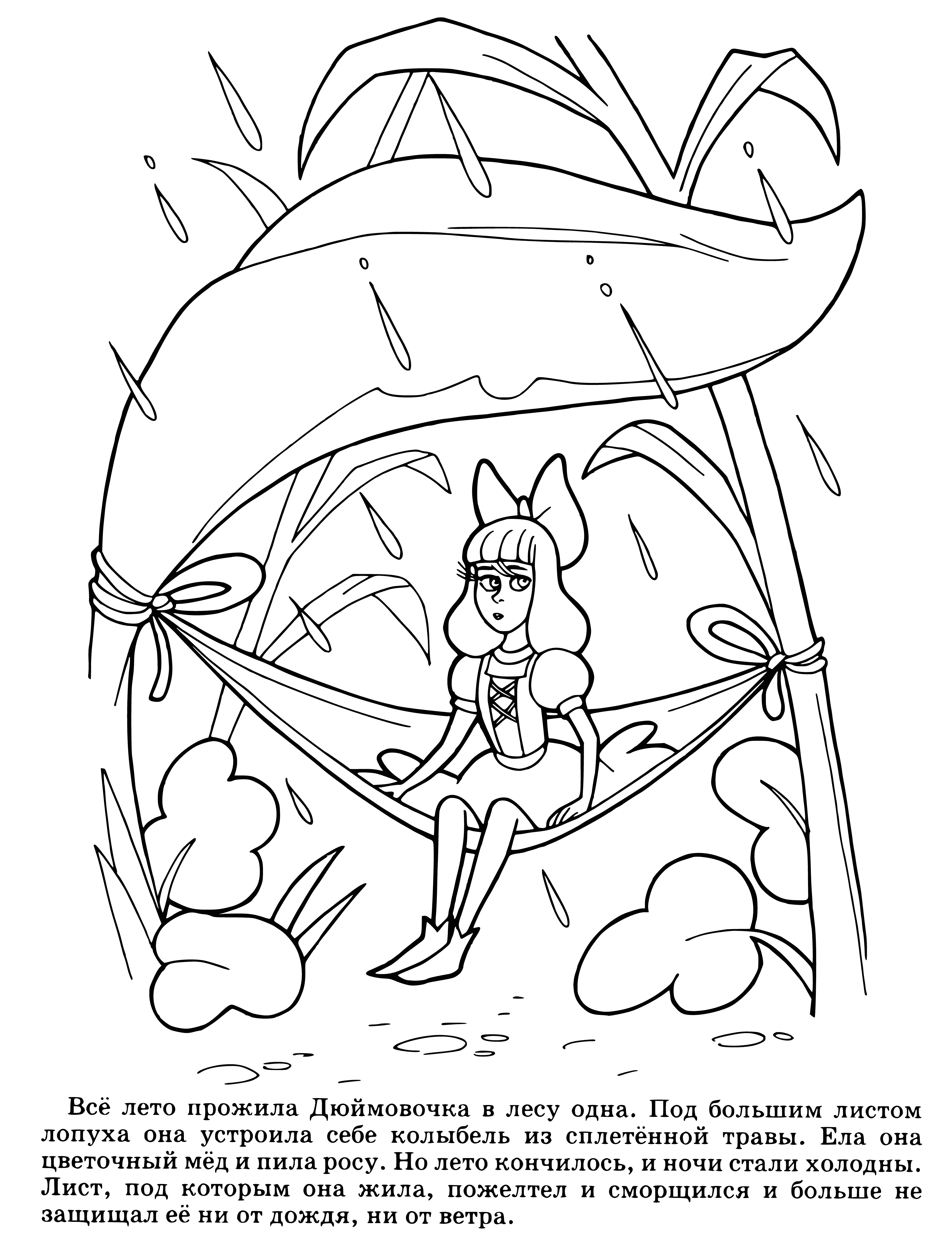 coloring page: Girl sleeps in bed made of white sheet, holding The Tales of Hans Christian Andersen - Thumbelina.