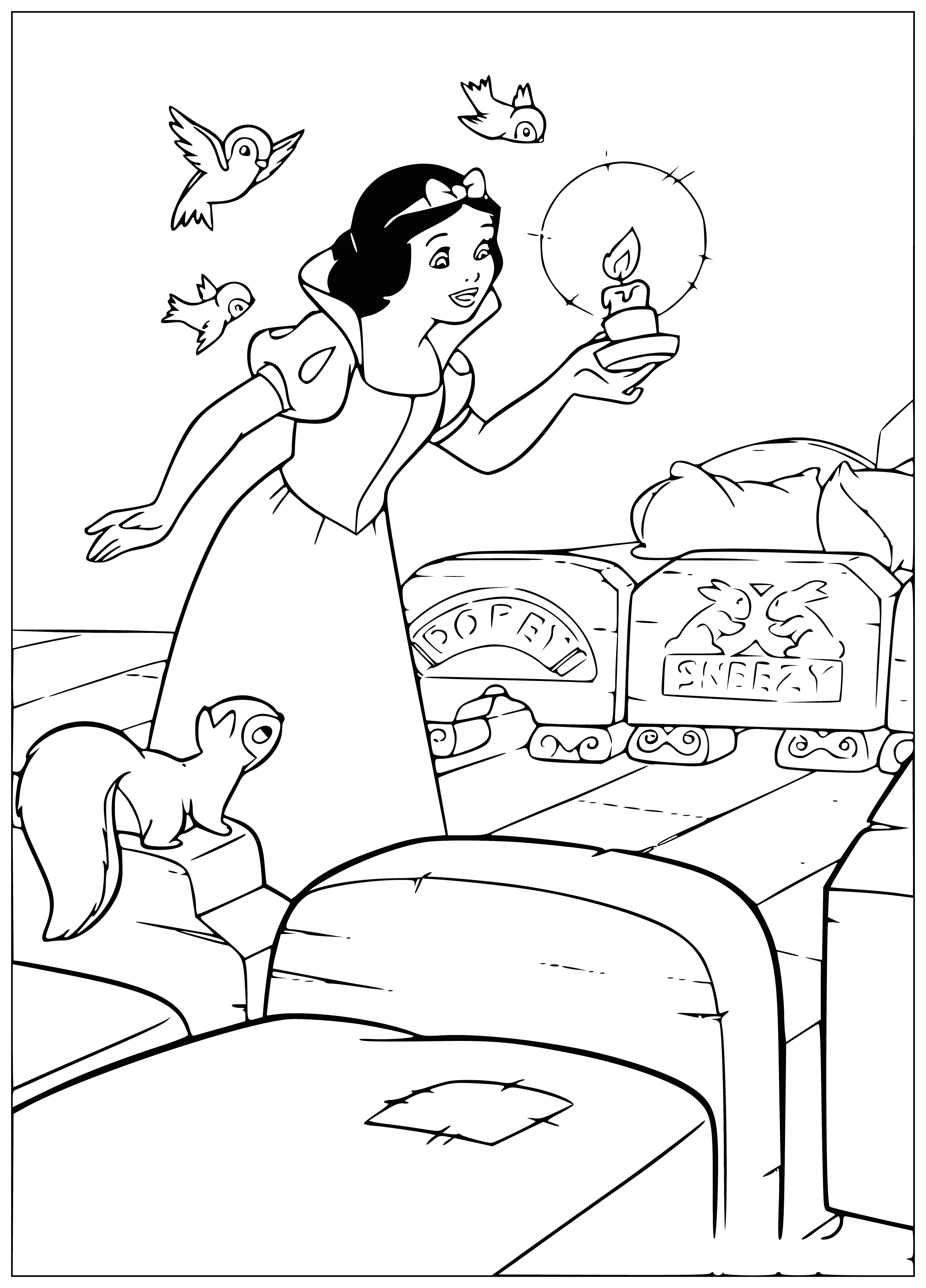 coloring page: Snow White kneels in a bedroom with seven small beds, looking out a window at a forest. She is expressionless.