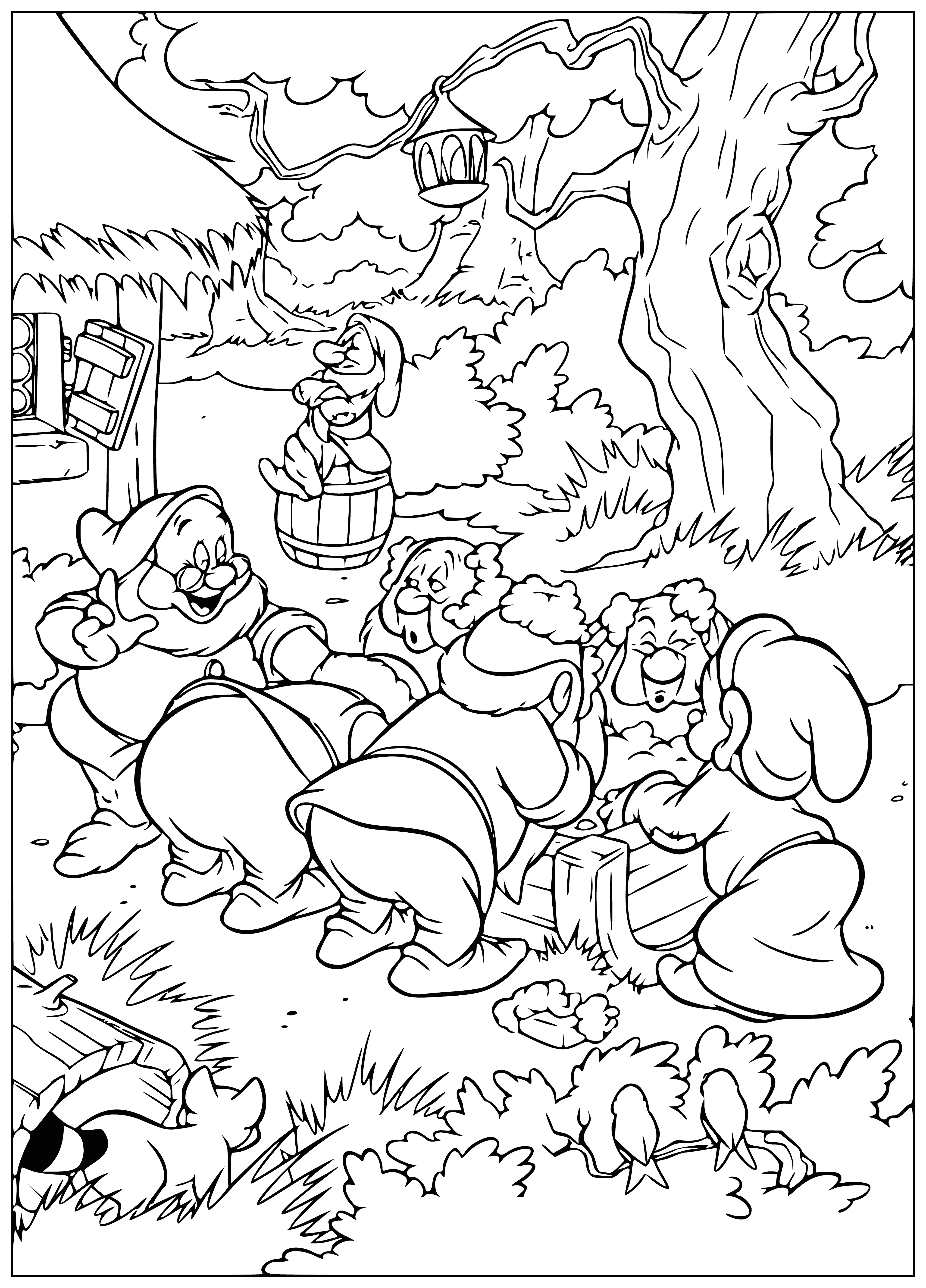 coloring page: 7 men around a basin of soapy water scrubbing w/bare hands. Fire burns, cauldron hangs. Their expressions reveal determination.