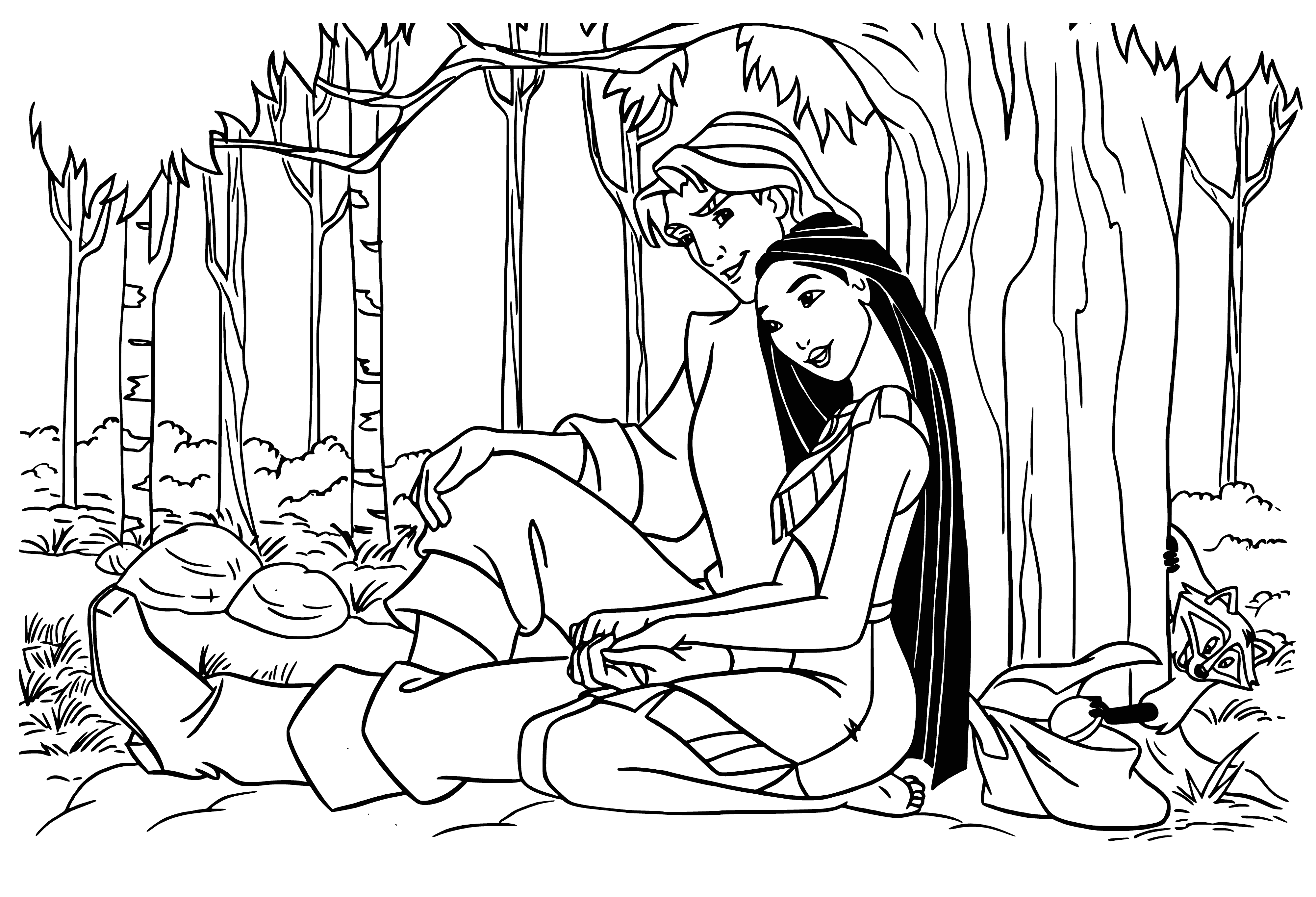coloring page: Loving pair in embrace, looking into each other's eyes. #Love   

Loving embrace: A woman in a dress and man in armor stare into each other's eyes. #Love