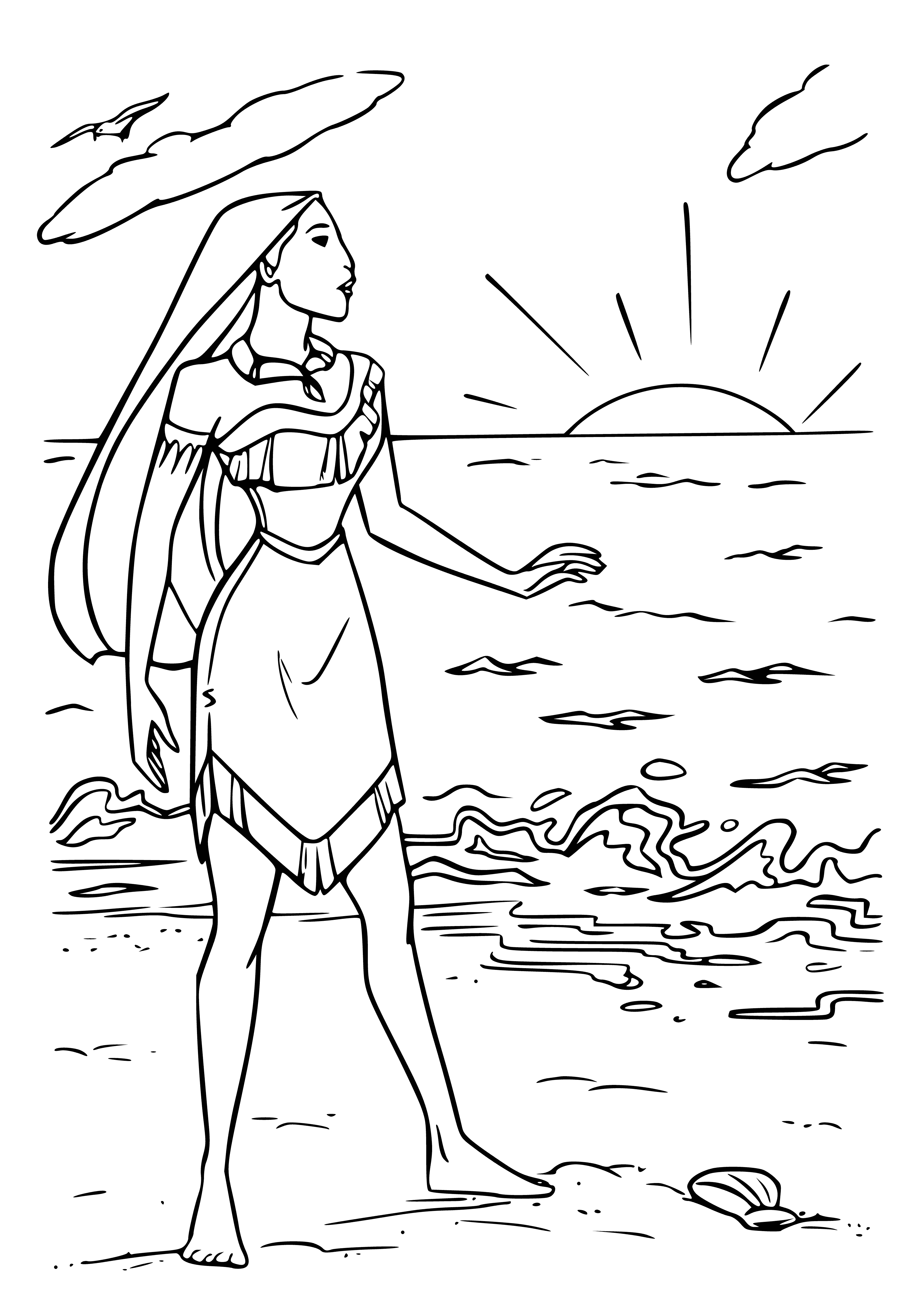 coloring page: Princess Pocahontas poses gracefully in a green field, wearing a brown dress, her hair cascading & holding a staff with a feather pendant. She looks off into the distance.