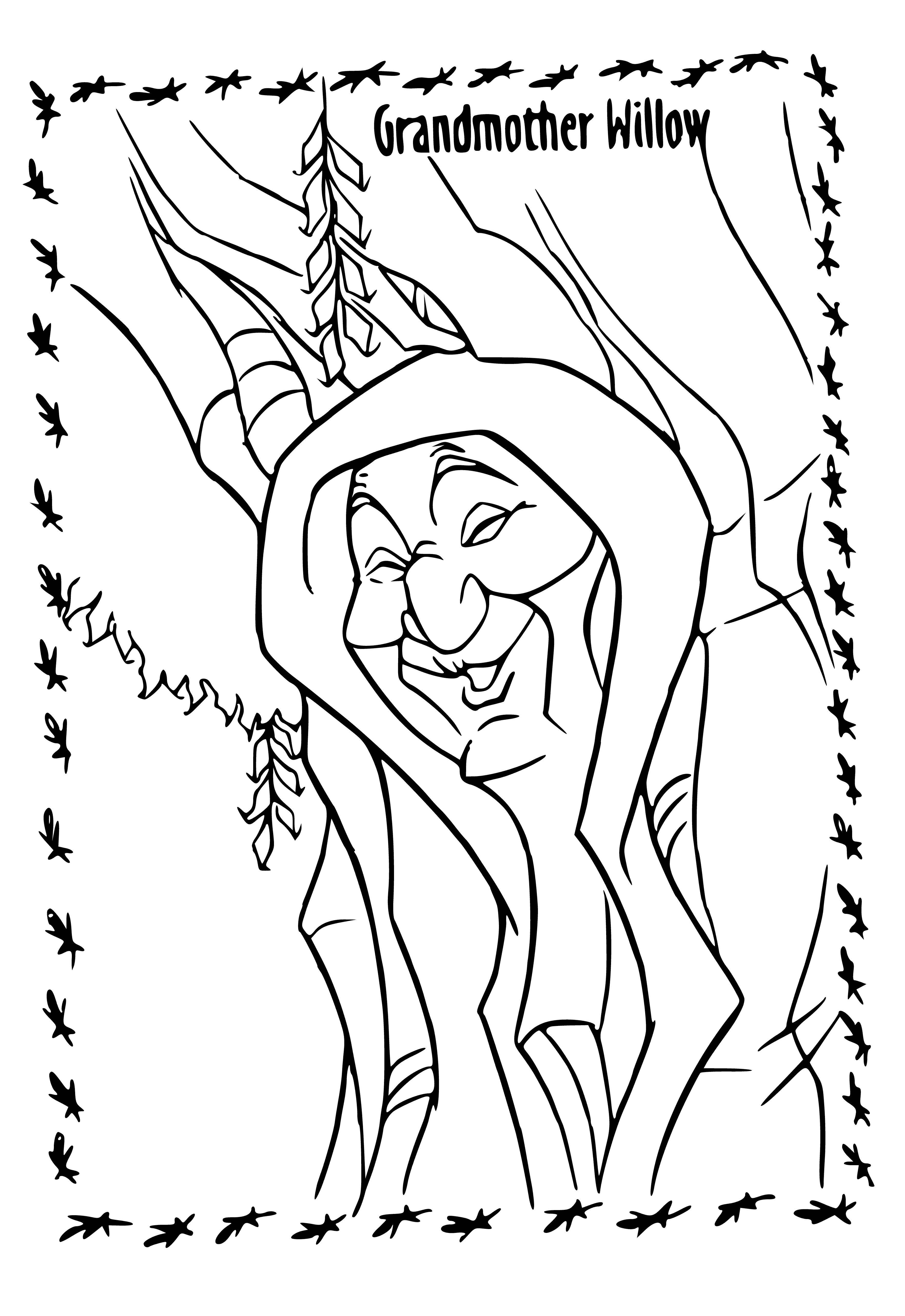 coloring page: Girl marvels at willow tree, with green branches & light brown trunk. She wears a light dress & scarf, smiling peacefully.