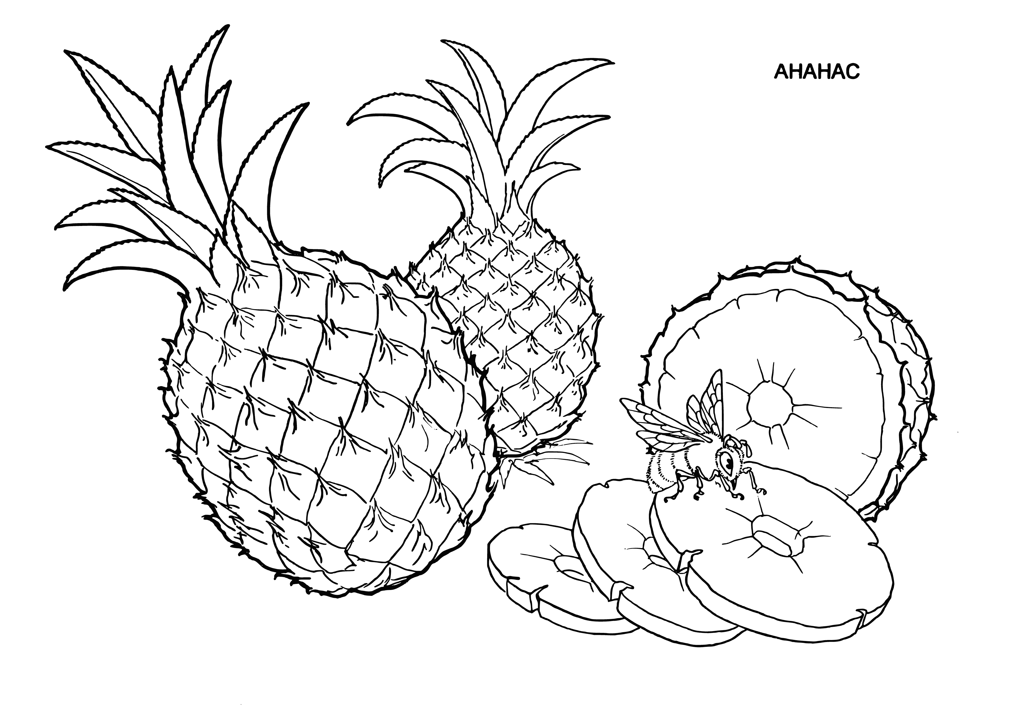 coloring page: A pineapple, yellow with brown spots and a green stem, sits on a white plate. #freshfruit