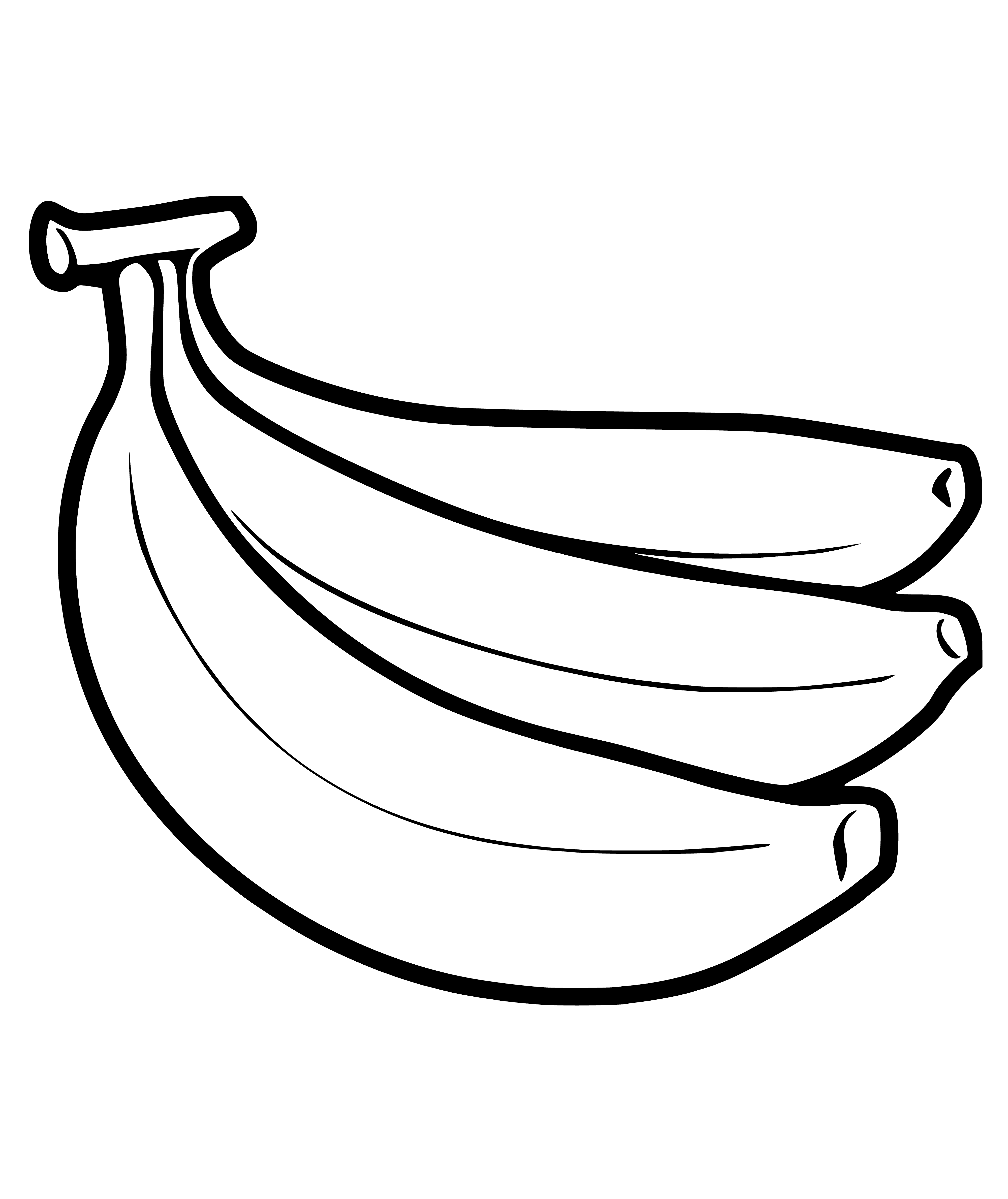 coloring page: 3 curved yellow bananas w/ pointy ends & brown spots on skin in coloring page.