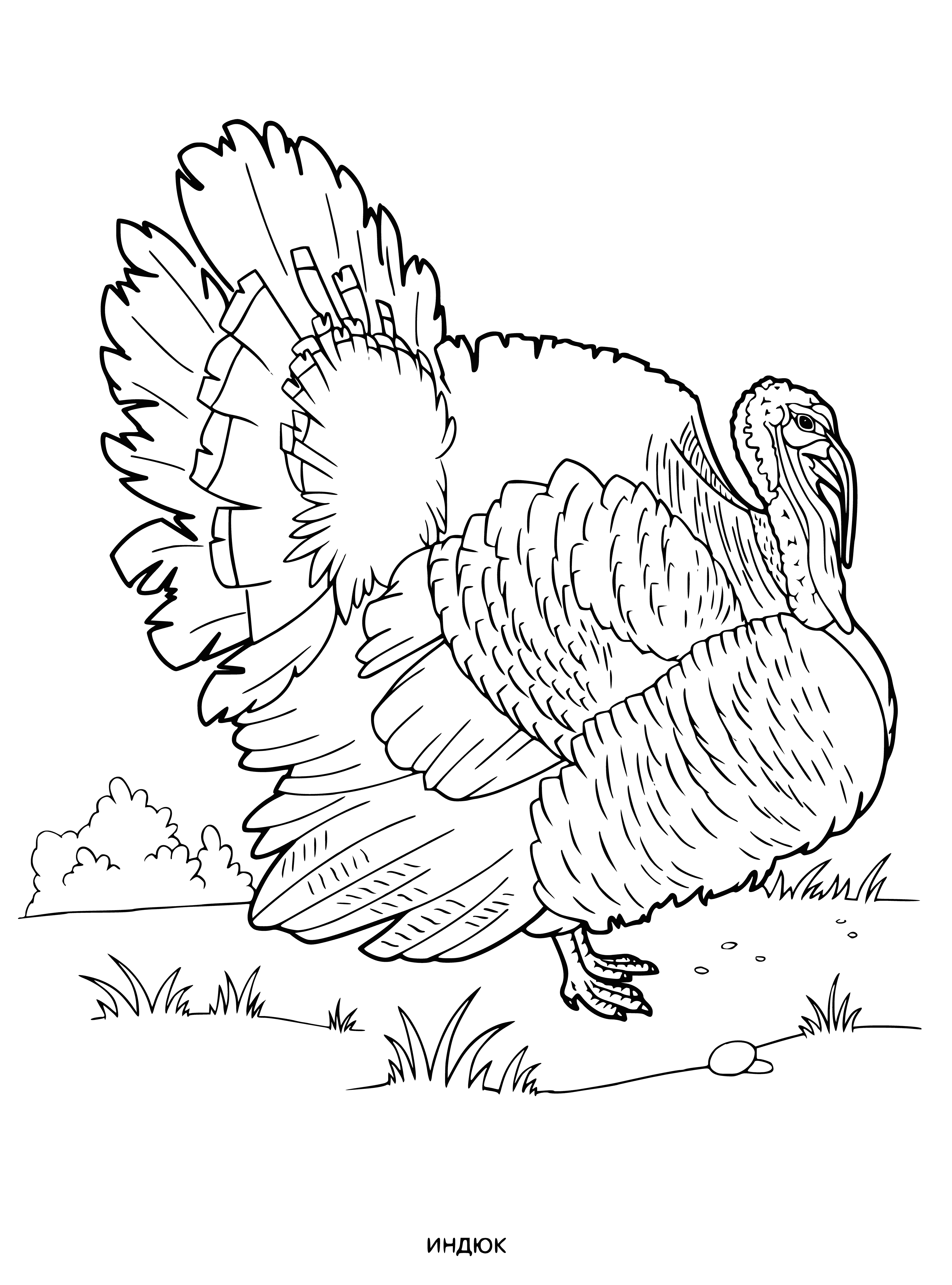 coloring page: Large bird with long neck/tail, dark brown feathers, bare, wrinkled head with red snood, yellow eyes/red rims, large, hooked beak, and strong legs. Surrounded by smaller birds.