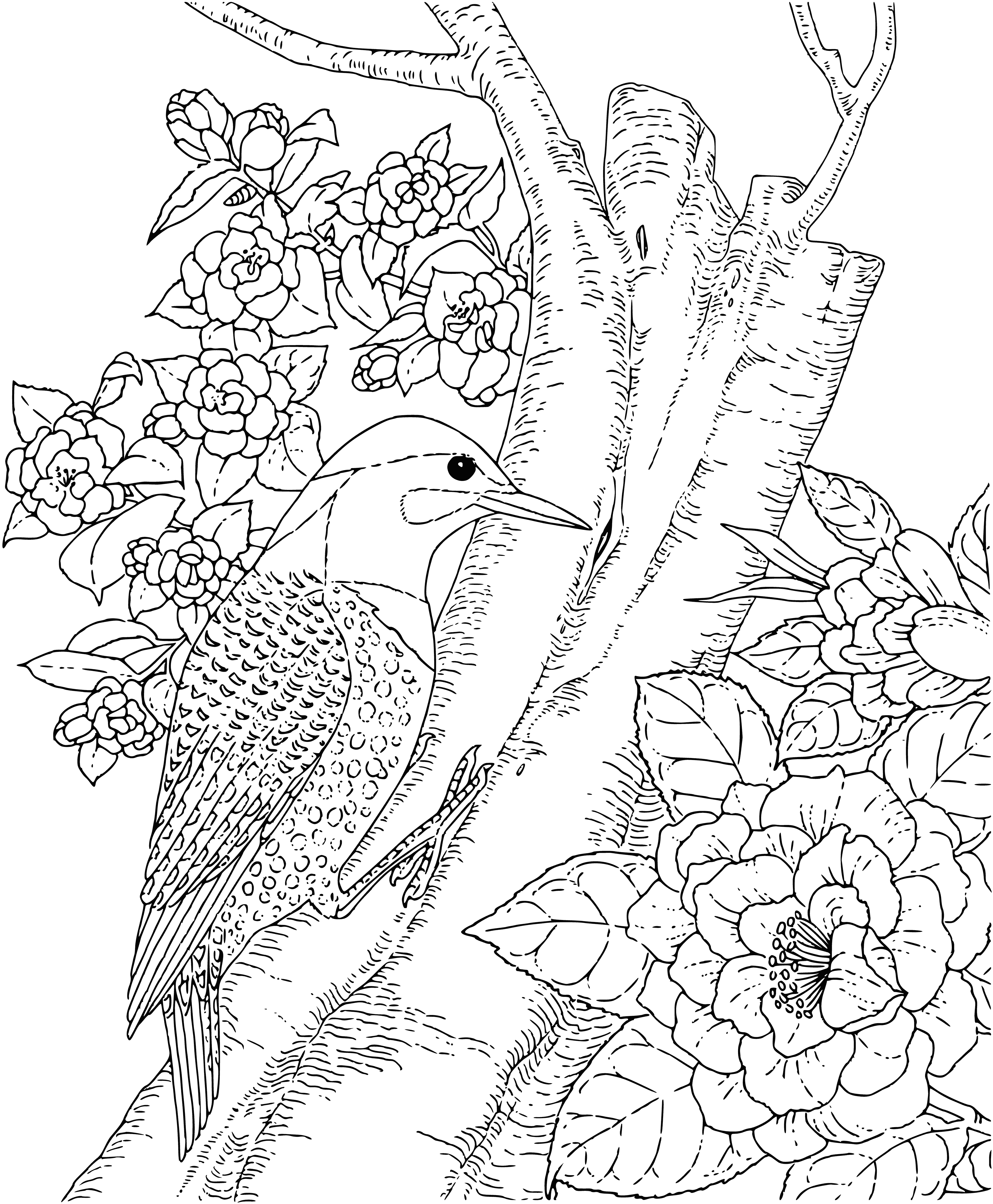 coloring page: A large woodpecker with a red head and a long, pointed tail. Uses a long, sharp beak to peck for food in tree bark.