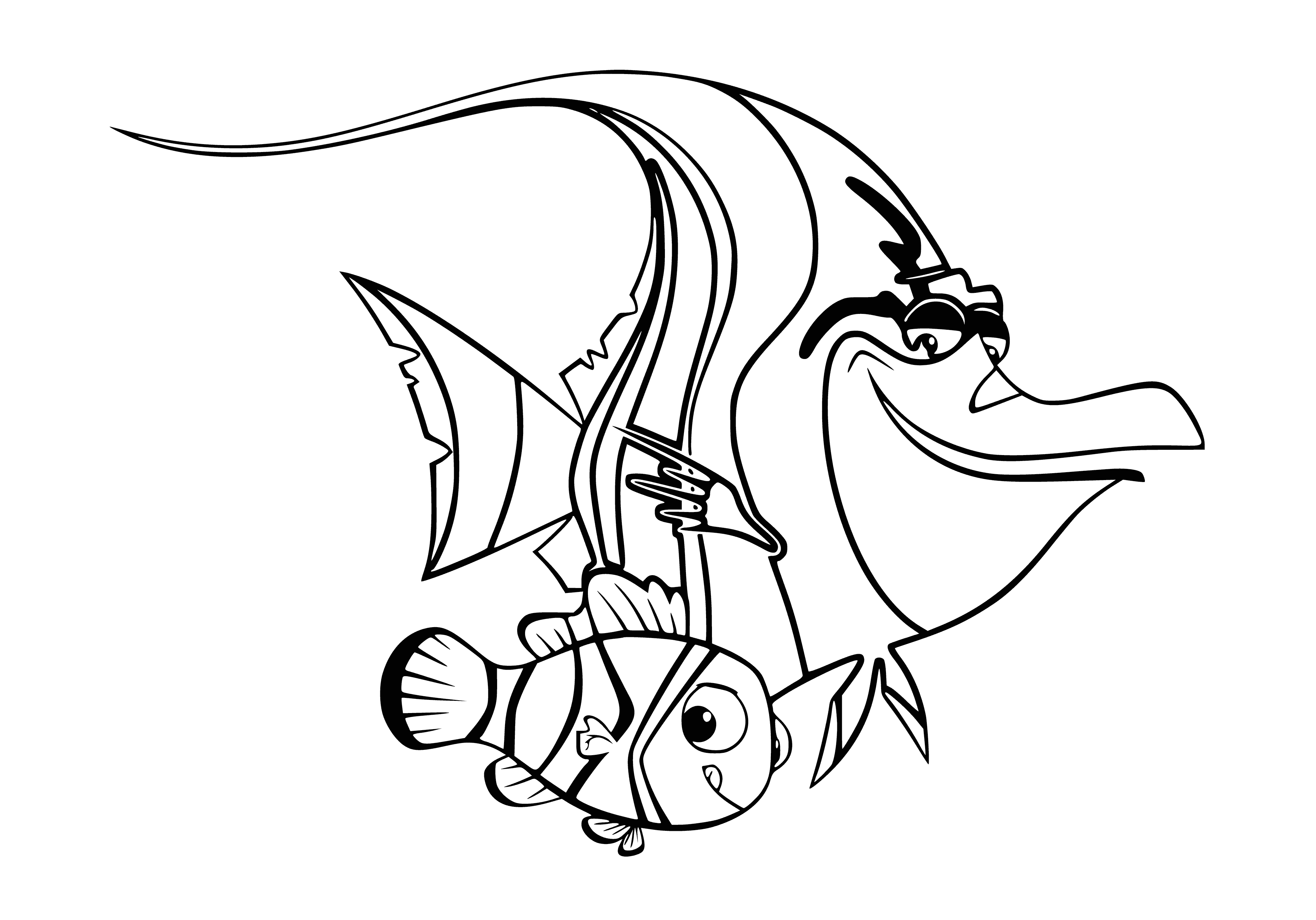 coloring page: Smaller fish chases larger fish with a large scar -- a sign of survival in the sea.