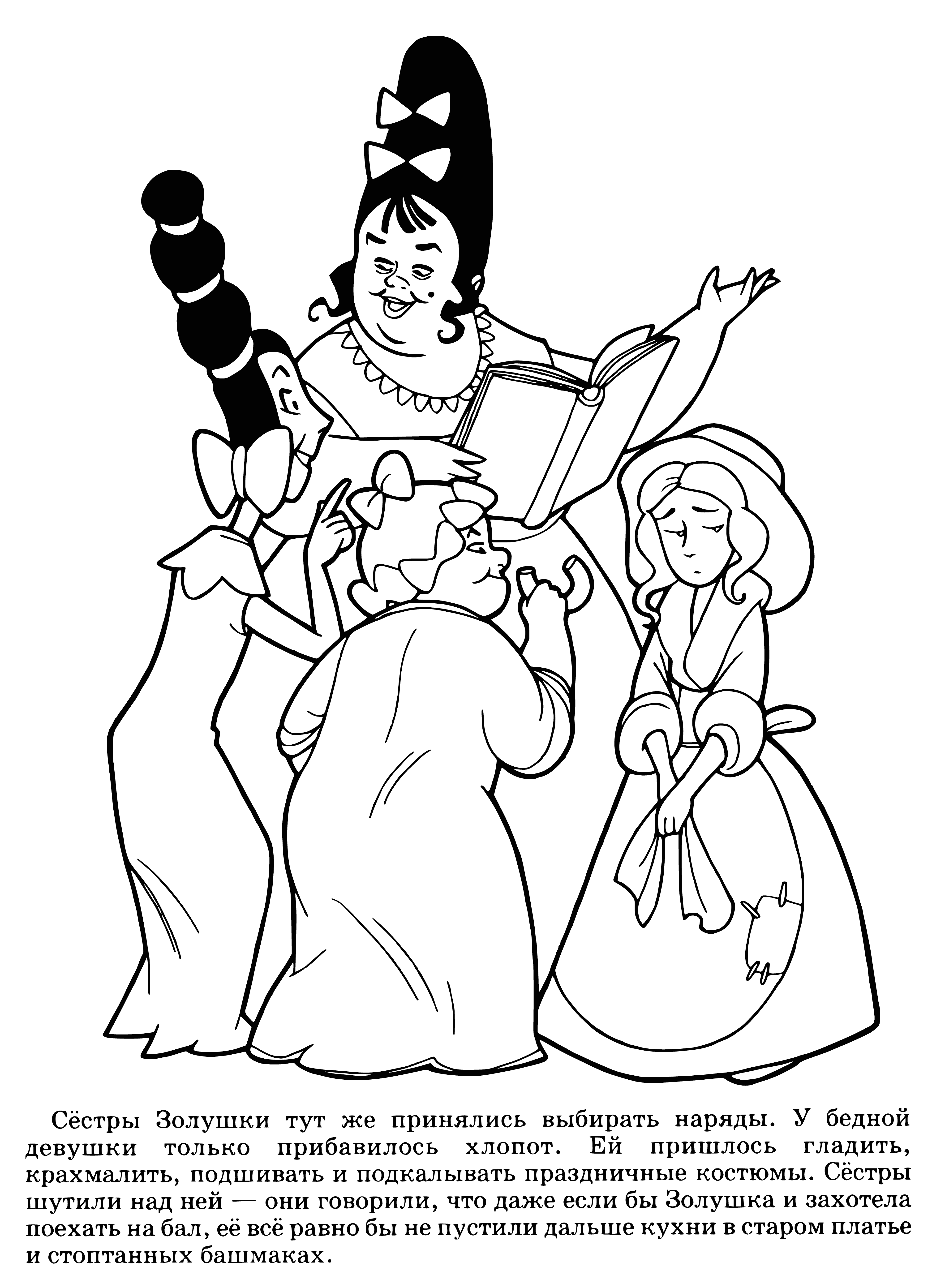 coloring page: 2 girls with blonde hair & blue eyes in white dresses w/ gold trim. One is holding a pumpkin, the other a broom. In front of a fireplace. #Halloween
